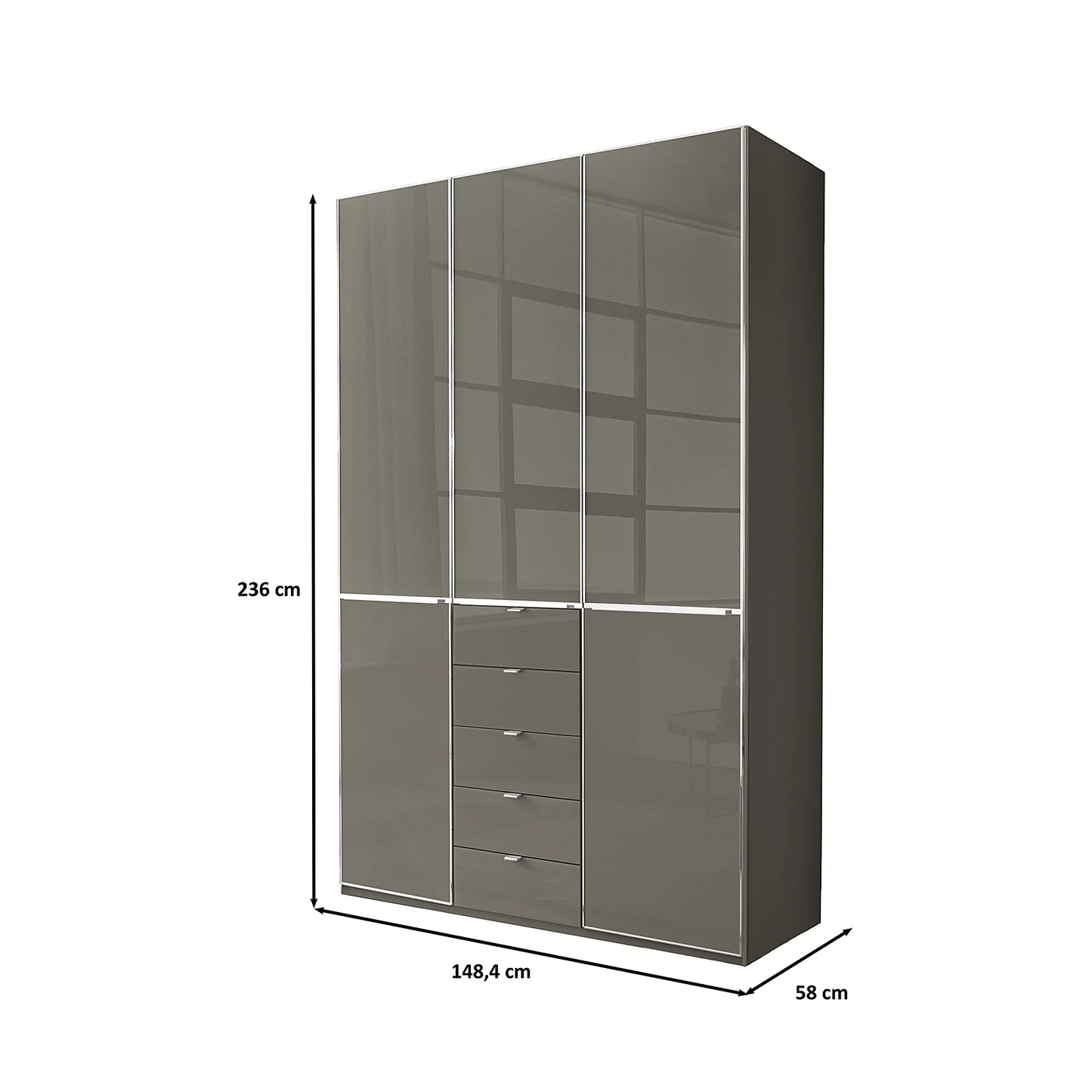 A tall modern Wiemann Santa wardrobe or closet with three large doors, one of which is open to show interior shelving, plus a set of five drawers on the lower left. The image includes dimension labels showing 236 cm height, 148,4 cm width, and 58 cm depth on a plain white background.