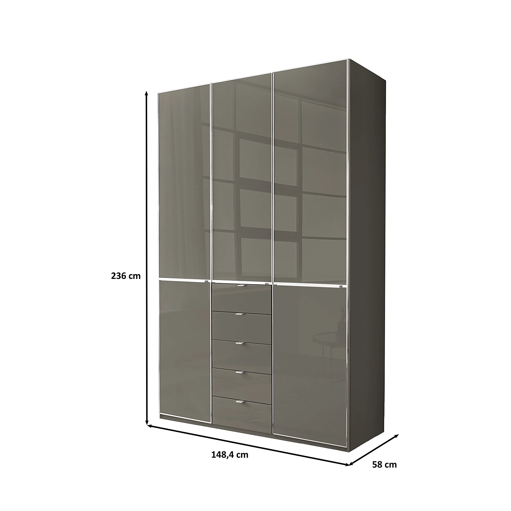 A tall modern Wiemann Santa wardrobe or closet with three large doors, one of which is open to show interior shelving, plus a set of five drawers on the lower left. The image includes dimension labels showing 236 cm height, 148,4 cm width, and 58 cm depth on a plain white background.