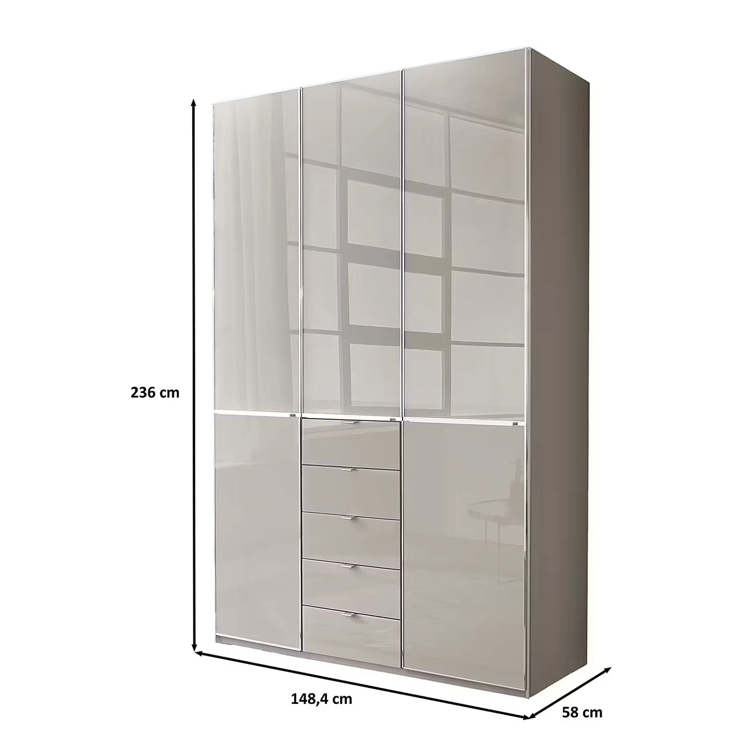 Wiemann Santa 150cm 3 Doors & 5 Drawers Combi Wardrobe in Pebble Grey Dimensions