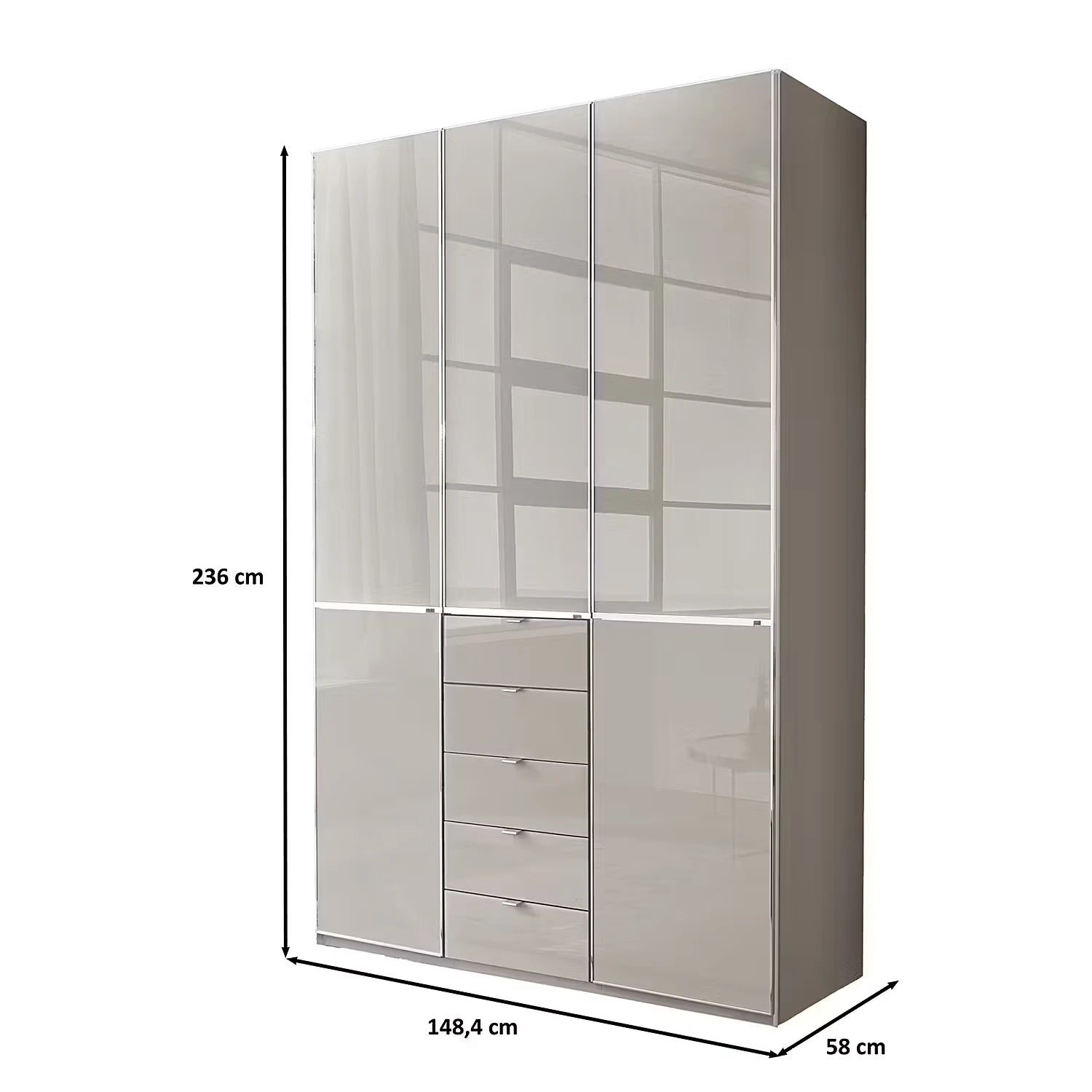 Wiemann Santa 150cm 3 Doors & 5 Drawers Combi Wardrobe in Pebble Grey Dimensions