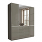 A modern wardrobe in a warm Havana colour, featuring two mirrored doors, two solid doors, and four drawers at the bottom with slim silver handles.