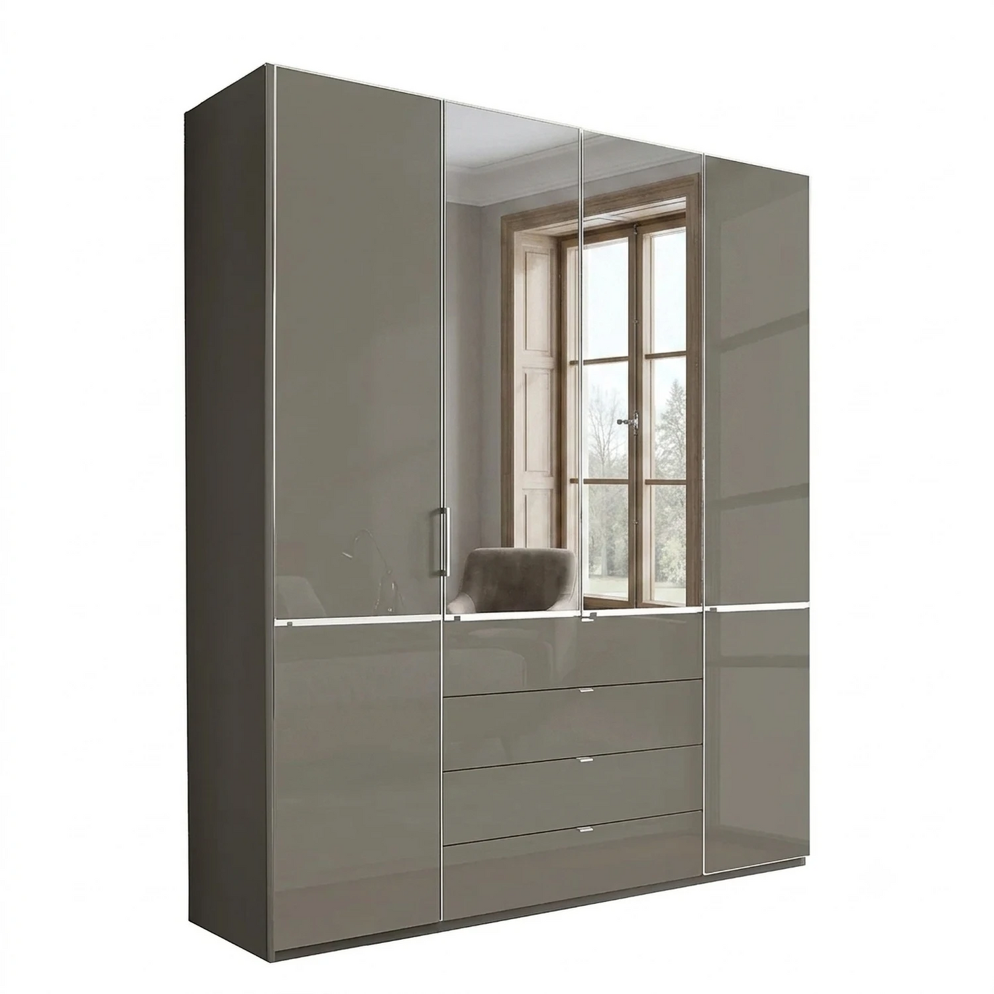 A modern wardrobe in a warm Havana colour, featuring two mirrored doors, two solid doors, and four drawers at the bottom with slim silver handles.
