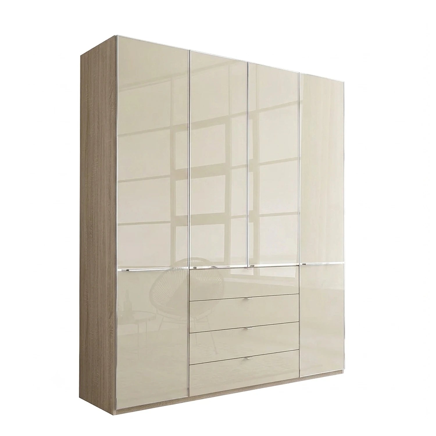 Wiemann Santa 200cm 4 Doors & 4 Drawers Combi Wardrobe in Magnolia Glass with Oak Carcase