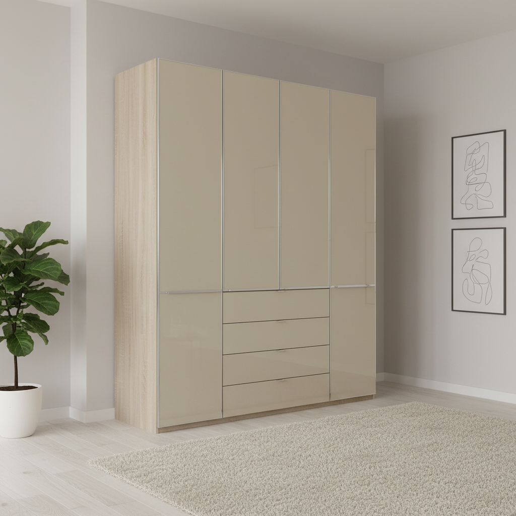 Wiemann Santa 200cm 4 Doors & 4 Drawers Combi Wardrobe in Glass Magnolia
