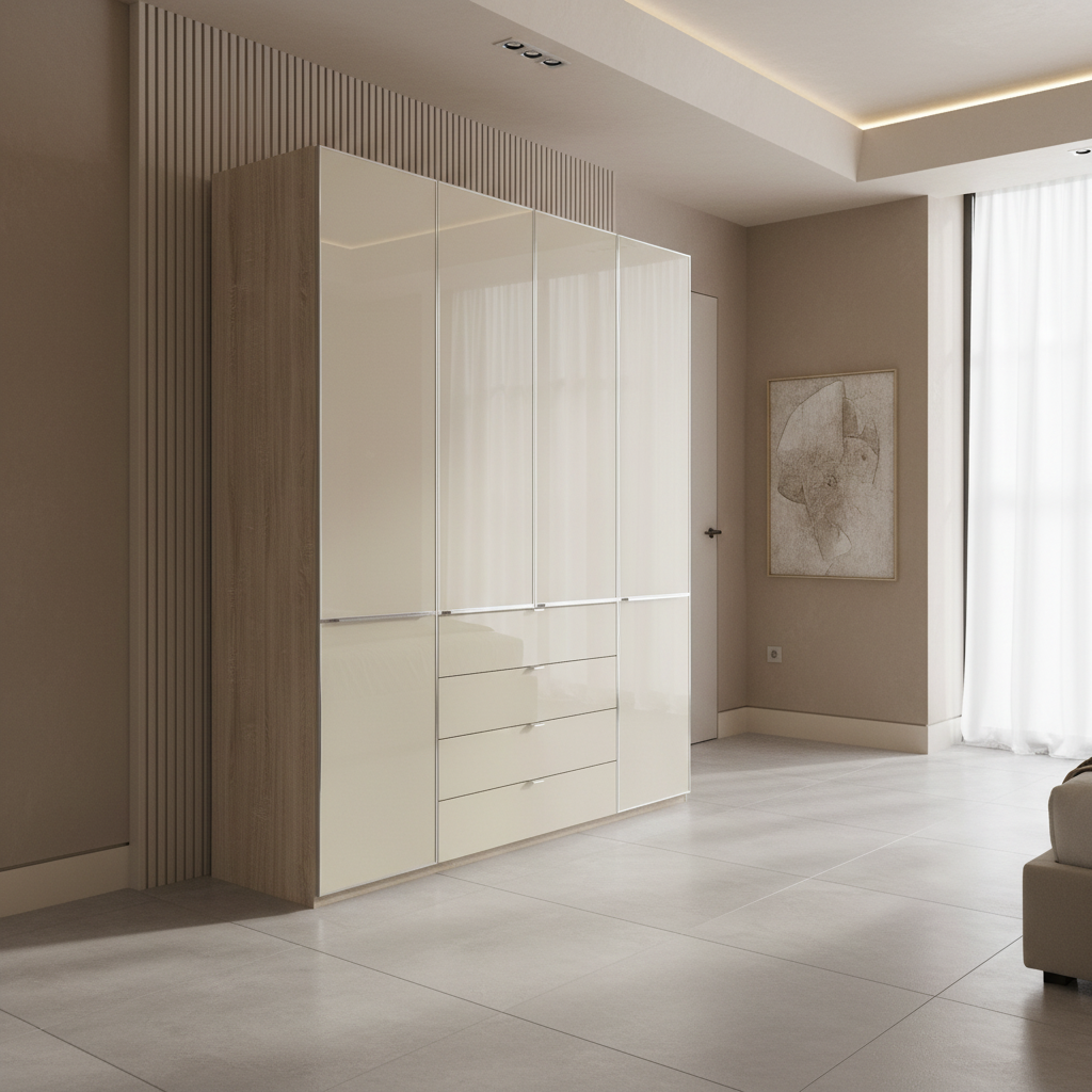 Wiemann Santa 200cm 4 Doors & 4 Drawers Combi Wardrobe in Glass Magnolia styled in a modern bedroom