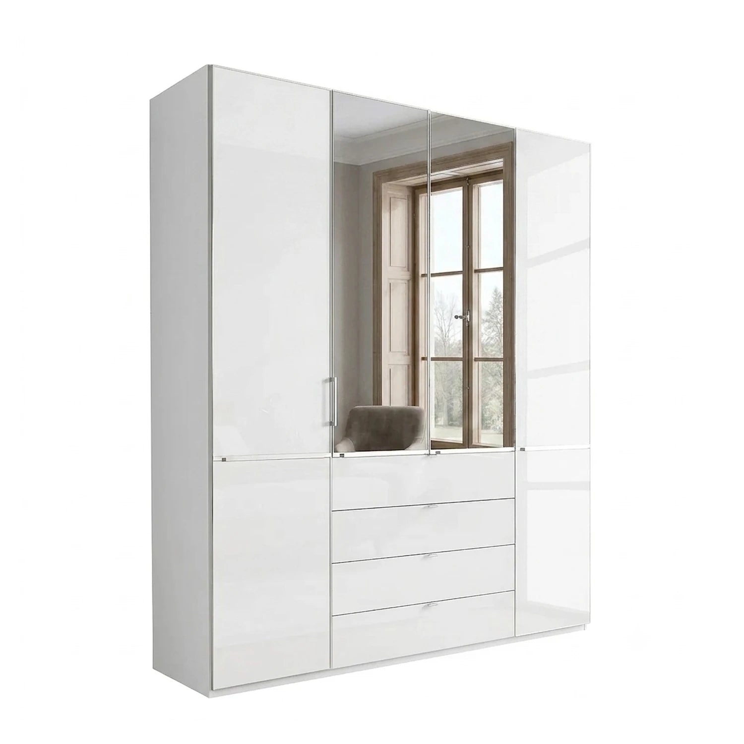 Wiemann Santa 200cm 4 Doors & 4 Drawers Combi Wardrobe in Glass white With Mirrors in Center