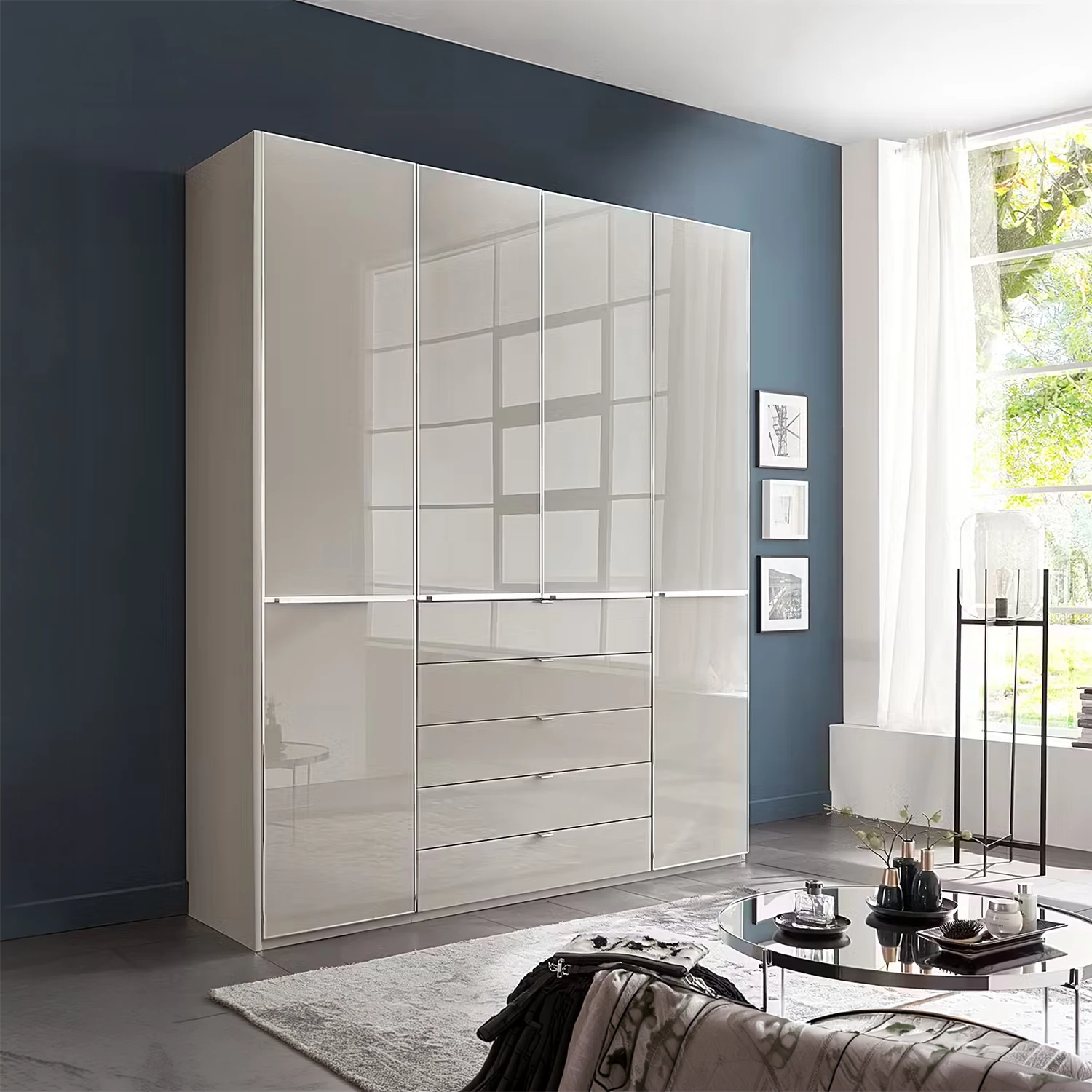 Wiemann Santa 200cm 4 Doors & 5 Drawers Combi Wardrobe in Pebble Grey styled in a modern bedroom