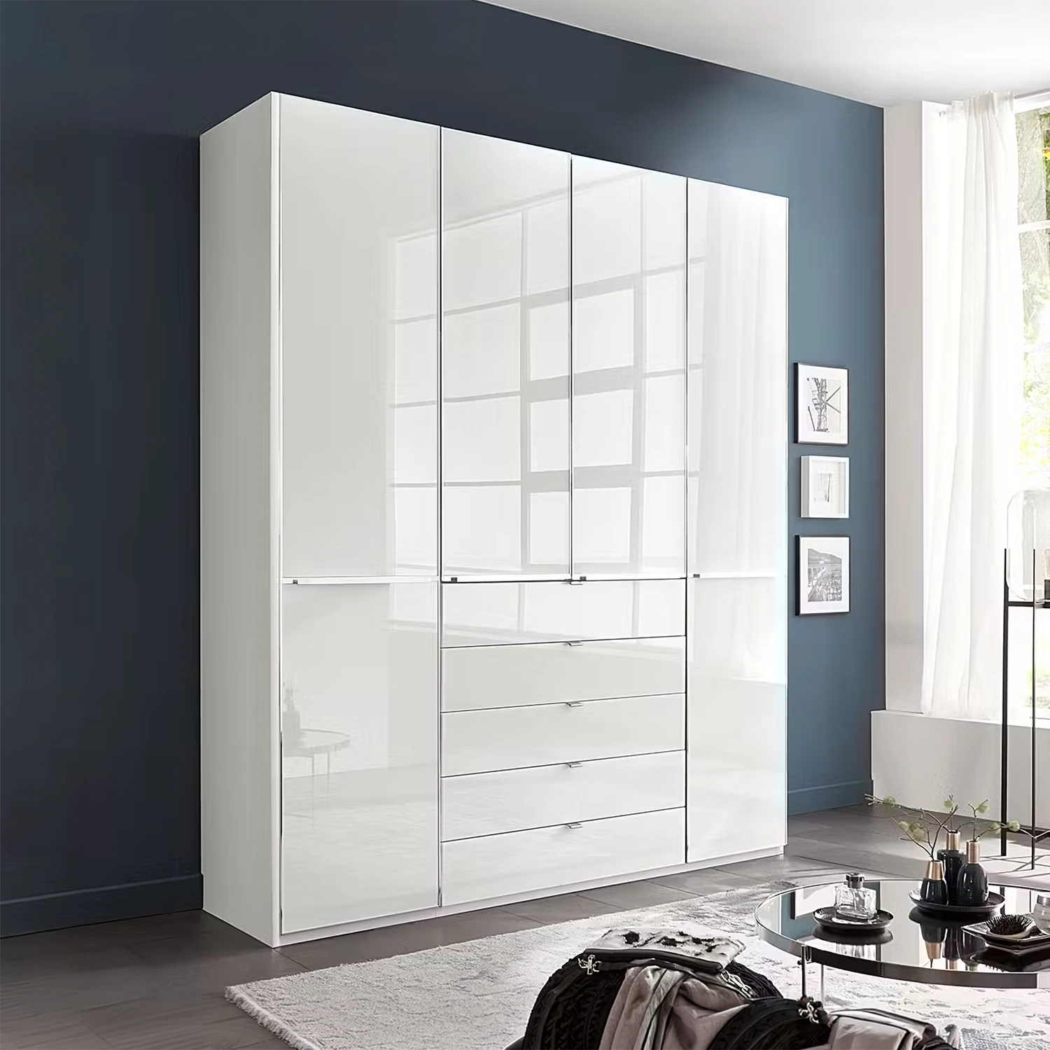 Wiemann Santa 200cm 4 Doors & 5 Drawers Combi Wardrobe in Glass White