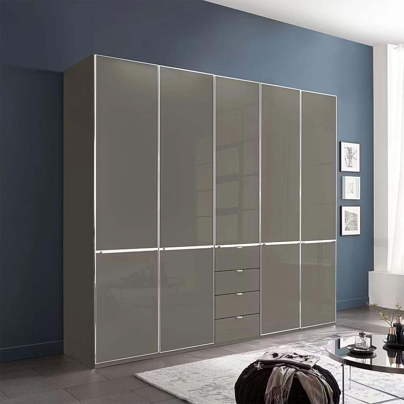 Wiemann Santa 250cm 5 Doors & 4 Drawers Combi Wardrobe in Havana Glass Finish and chrome trims