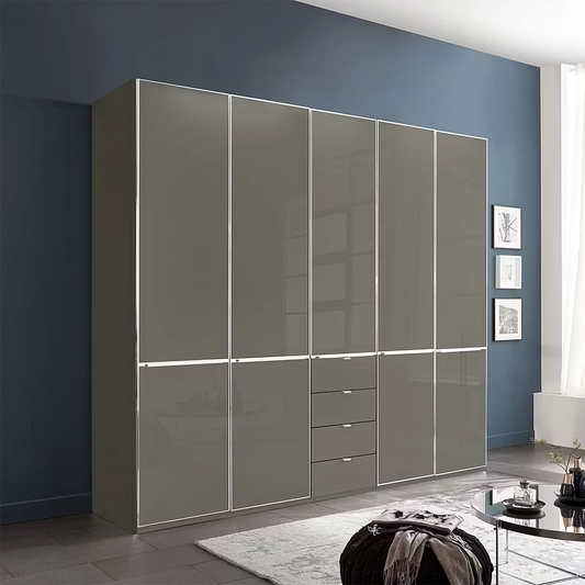 Wiemann Santa 250cm 5 Doors & 4 Drawers Combi Wardrobe in Havana Glass Finish and chrome trims