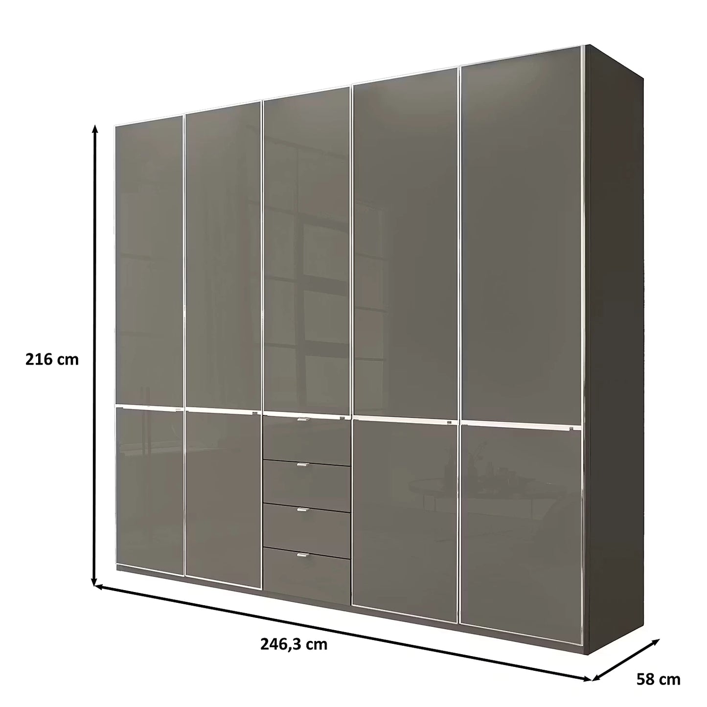 Wiemann Santa 250cm 5 Doors & 4 Drawers Combi Wardrobe in Havana, shown with dimension lines and measurements 216 cm height, 246,3 cm width, and 58 cm depth on a white background.