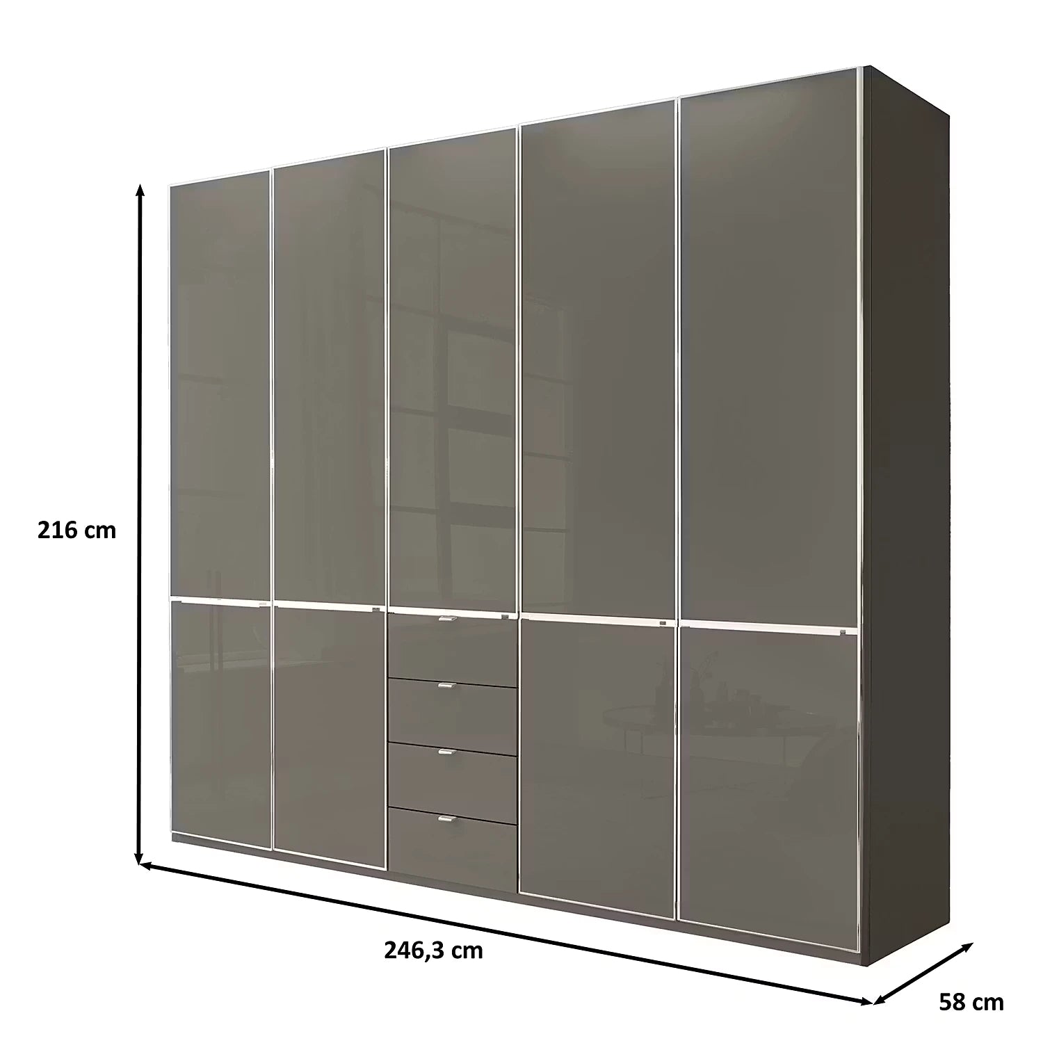 Wiemann Santa 250cm 5 Doors & 4 Drawers Combi Wardrobe in Havana, shown with dimension lines and measurements 216 cm height, 246,3 cm width, and 58 cm depth on a white background.