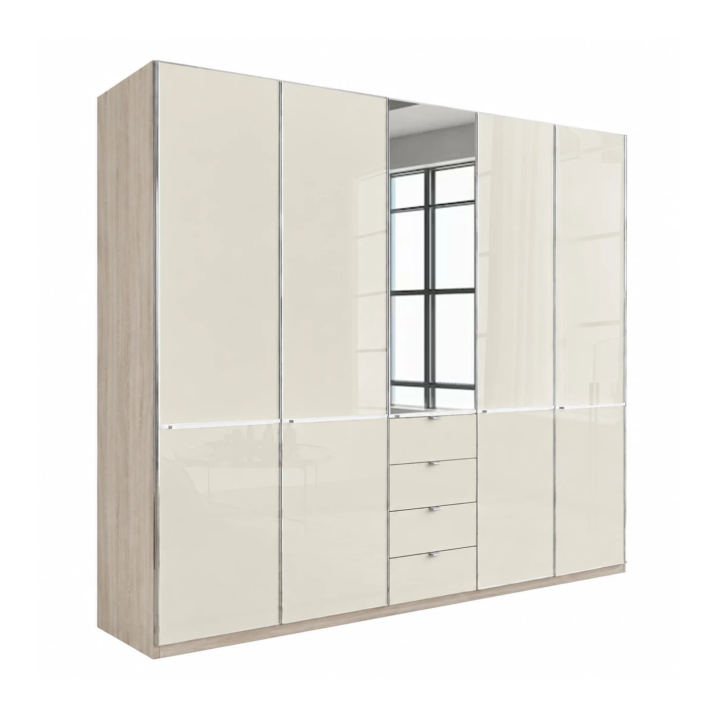 Wiemann Santa 250cm 5 Doors & 4 Drawers Combi Wardrobe in Pebble Grey with Oak Carcase and mirror in Center