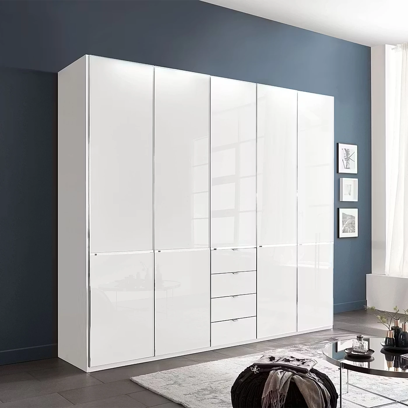 Wiemann Santa 250cm 5 Doors & 4 Drawers Combi Wardrobe in Glass White