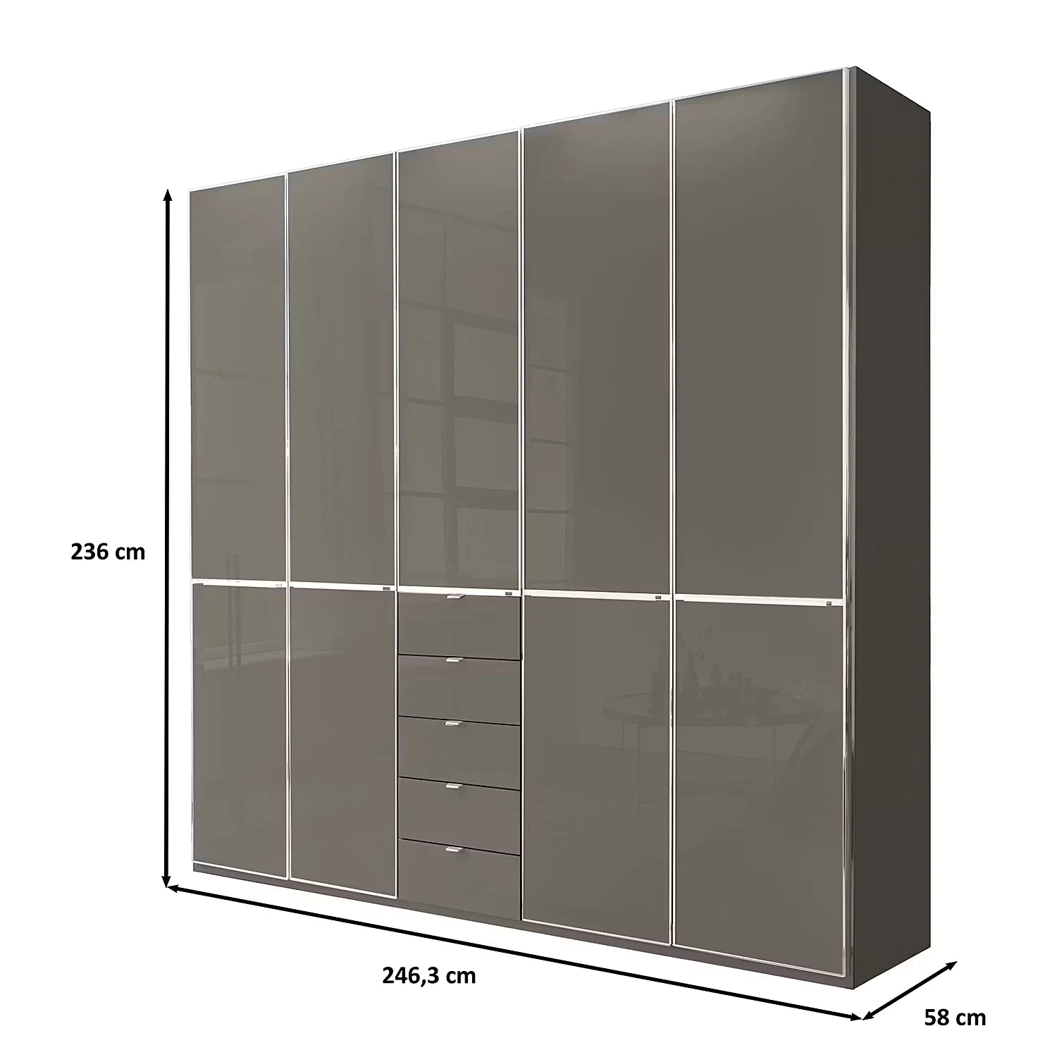 Wiemann Santa 250cm 5 Doors & 4 Drawers Combi Wardrobe in Havana Glass, shown with dimension lines and labels indicating 236 cm height, 246,3 cm width, and 58 cm depth on a white background.