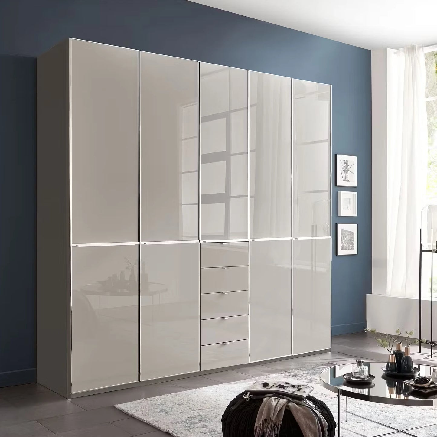 Wiemann Santa 250cm 5 Doors & 5 Drawers Combi Wardrobe in Pebble Grey styled in a modern bedroom