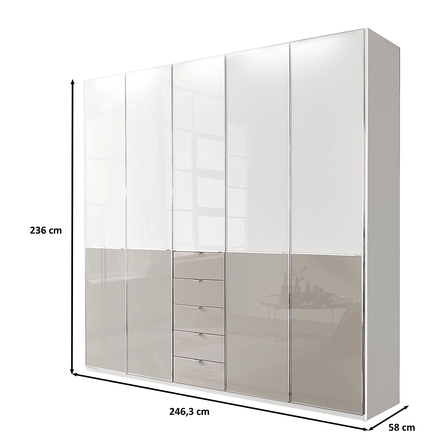 Wiemann Santa 250cm 5 Doors & 4 Drawers Combi Wardrobe in Pebble Grey - Dimensions