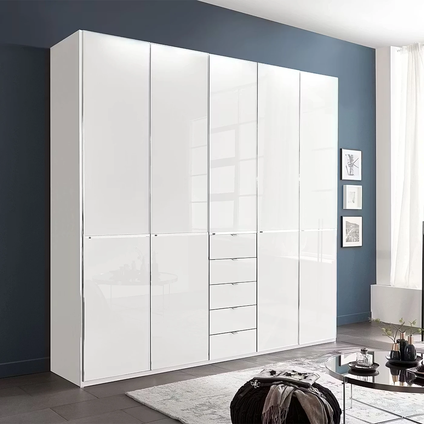 Wiemann Santa 250cm 5 Doors & 5 Drawers Combi Wardrobe in Glass White styled in a room