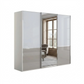 A modern three-door sliding wardrobe with glossy White Glass and Pebble Grey Glass Front, Middle mirrored door , Has chrome Handles and Strips