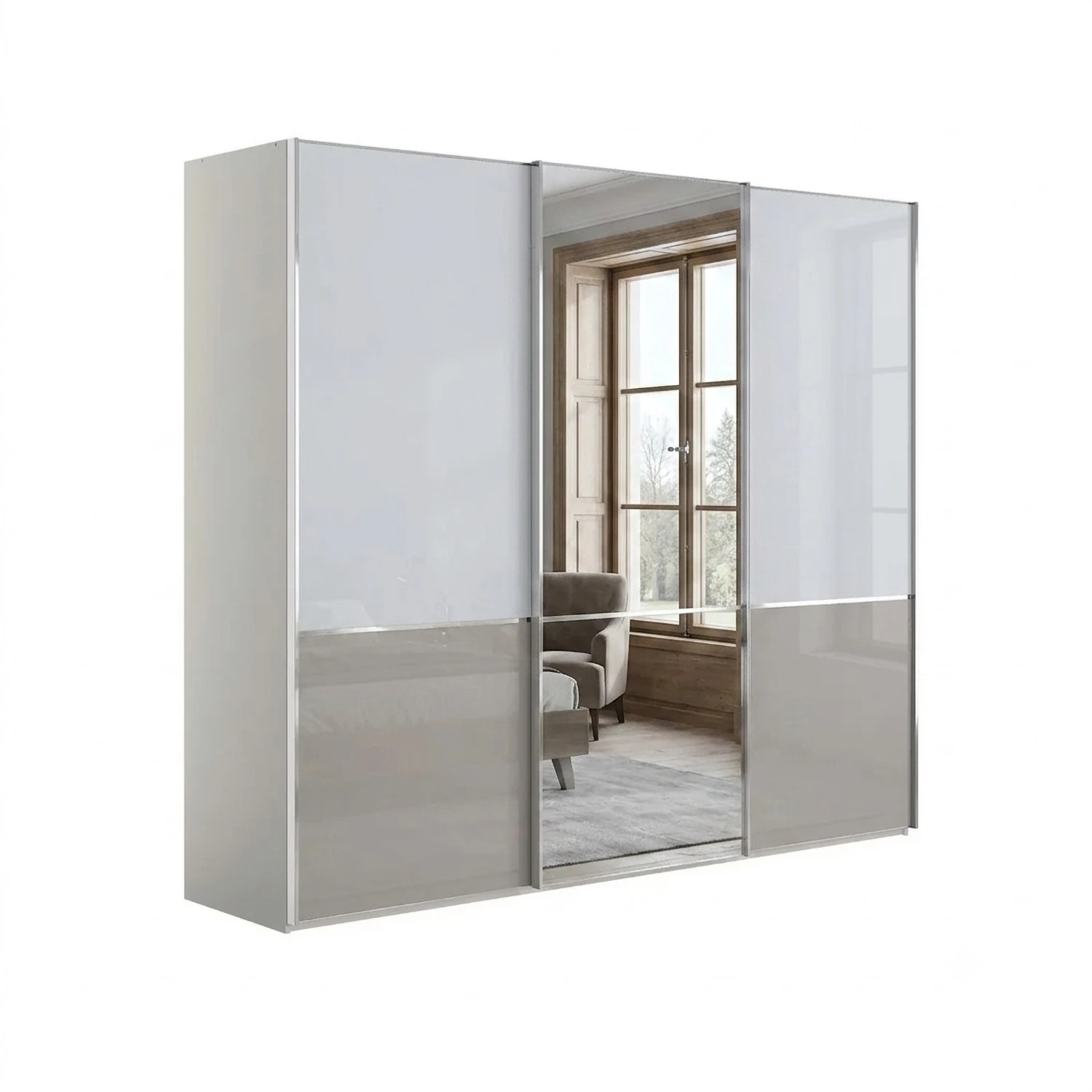 A modern three-door sliding wardrobe with glossy White Glass and Pebble Grey Glass Front, Middle mirrored door , Has chrome Handles and Strips