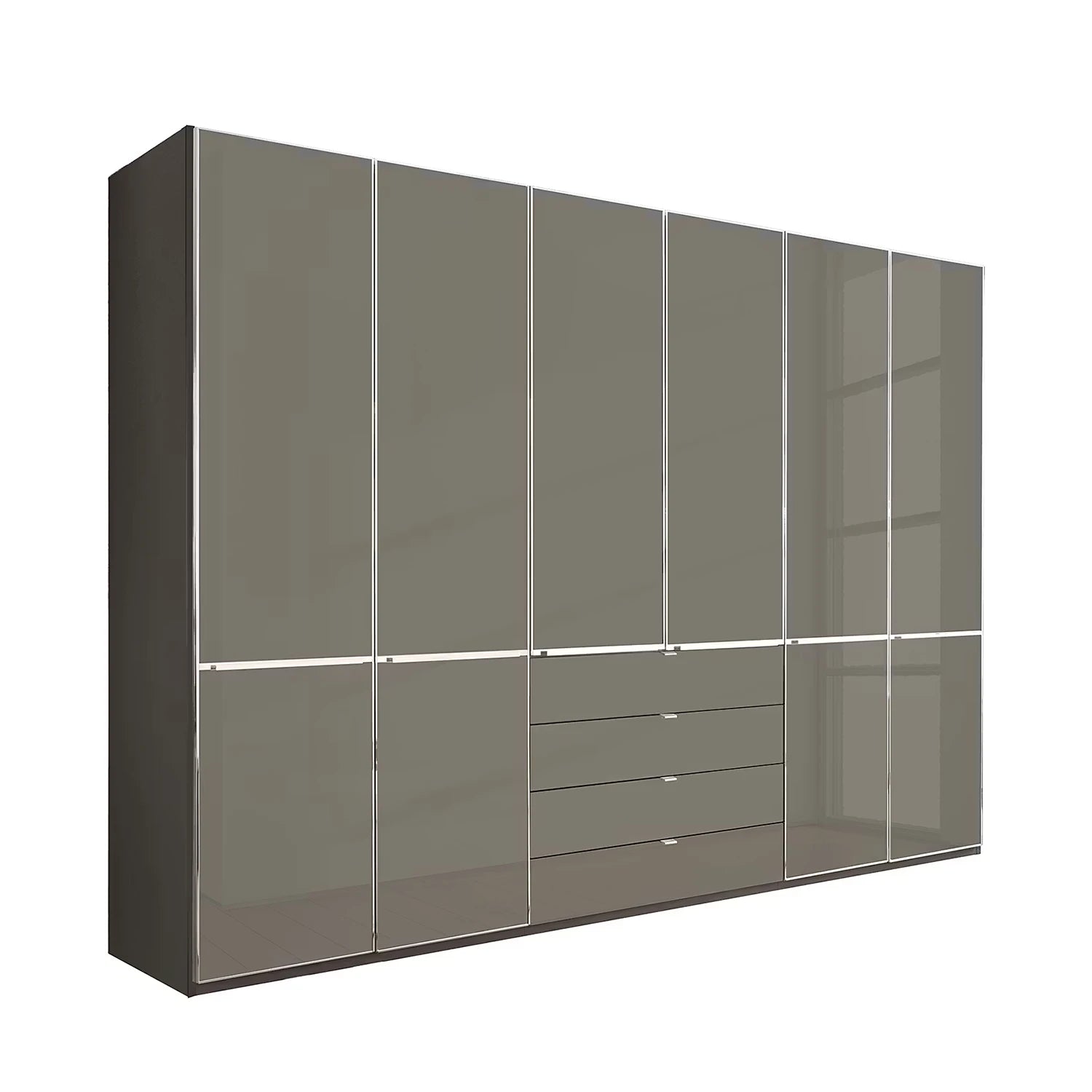 A modern Wiemann Santa wardrobe or closet cabinet with tall glossy Havana Glass doors and three lower drawers, shown on a plain white background.