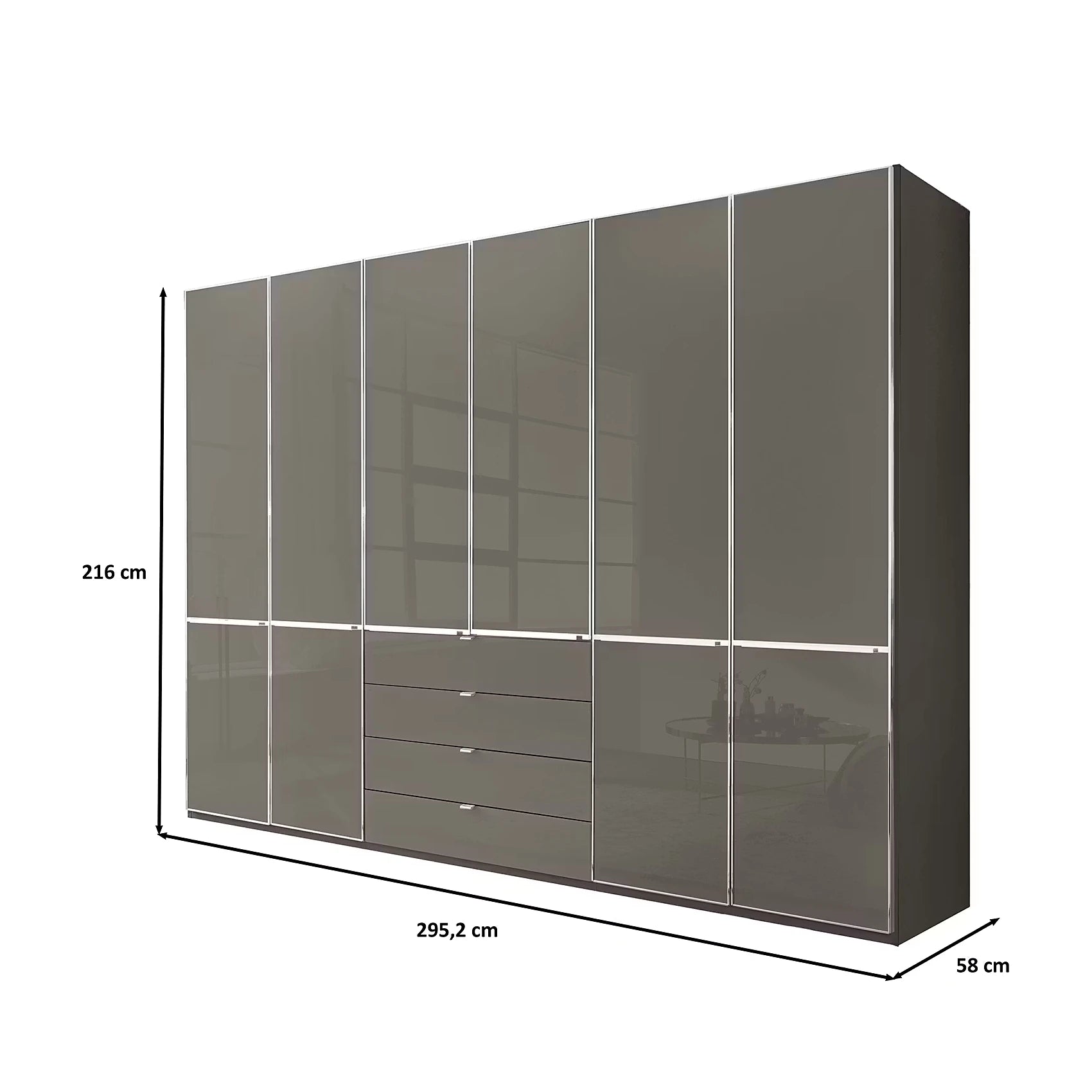 Wiemann Santa 300cm 6 Doors & 4 Drawers Combi Wardrobe in Havana Glass, shown with dimension lines indicating 216 cm height, 295.2 cm width, and 58 cm depth on a white background.