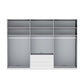 Wiemann Santa 300cm 6 Doors & 4 Drawers Combi Wardrobe in Havana The unit features gray shelves, two hanging rod bays, a central drawer compartment with three white drawers, and a right-side sliding closet door.