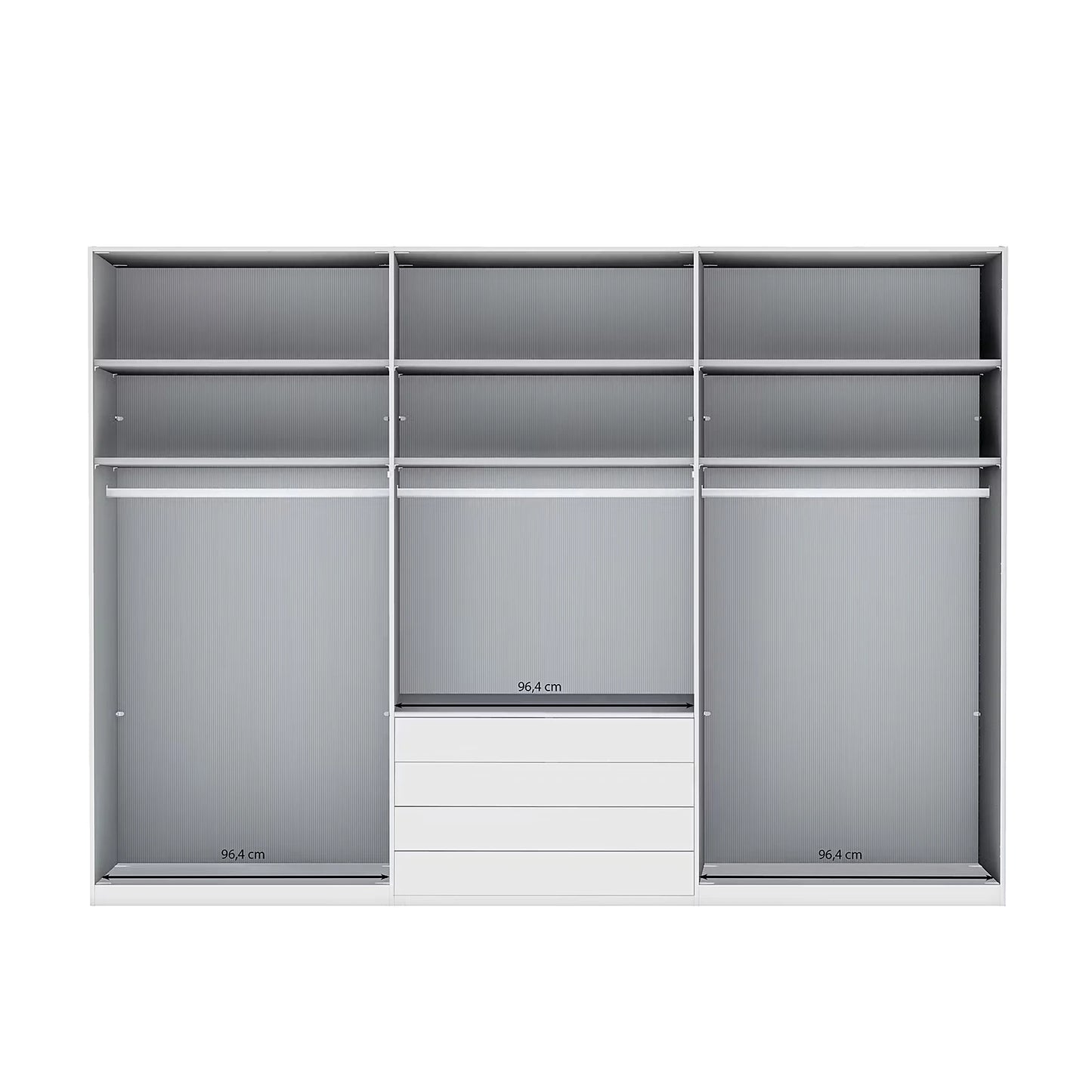 Wiemann Santa 300cm 6 Doors & 4 Drawers Combi Wardrobe in Havana The unit features gray shelves, two hanging rod bays, a central drawer compartment with three white drawers, and a right-side sliding closet door.