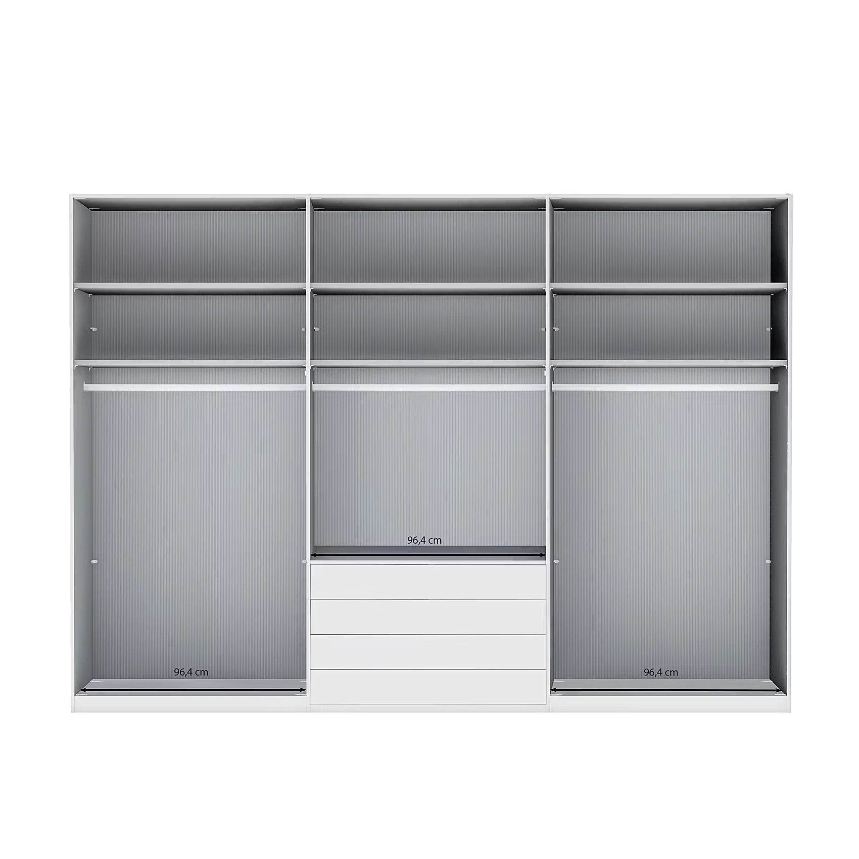 Wiemann Santa 300cm 6 Doors & 4 Drawers Combi Wardrobe in Havana The unit features gray shelves, two hanging rod bays, a central drawer compartment with three white drawers, and a right-side sliding closet door.