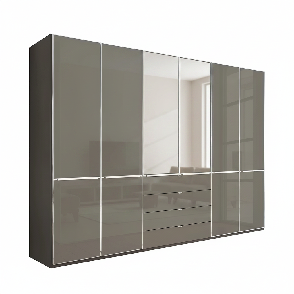 Wiemann Santa 300cm 6 Doors & 4 Drawers Combi Wardrobe in Havana Glass and Mirror Doors above the drawers