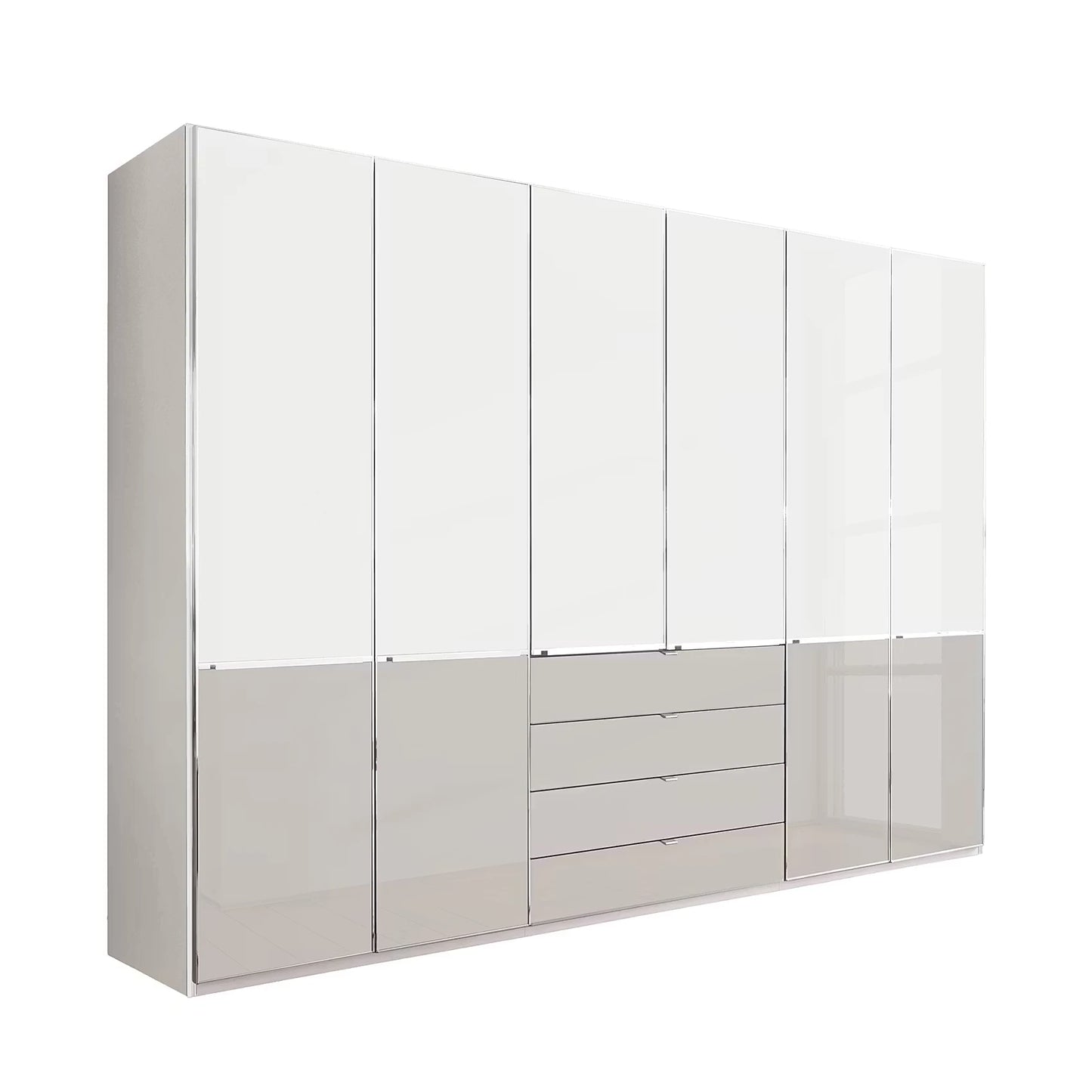 A modern stand alone wardrobe or storage cabinet with a glossy white glass finish, featuring tall doors on the upper section and three drawers on the lower right, shown against a plain white background.