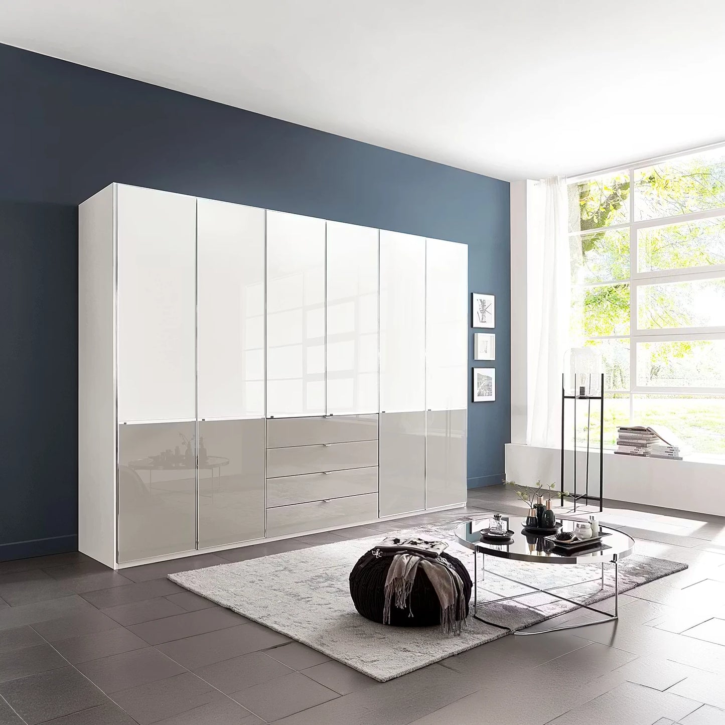 Wiemann Santa 300cm 6 Doors & 4 Drawers Combi Wardrobe in White & Pebble Grey Glass Finish