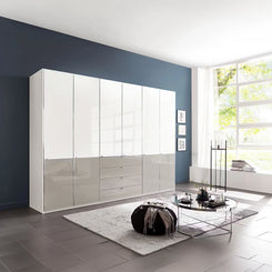 Wiemann Santa 300cm 6 Doors & 4 Drawers Combi Wardrobe in White & Pebble Grey Glass Finish