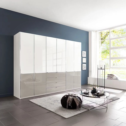 Wiemann Santa 300cm 6 Doors & 4 Drawers Combi Wardrobe in White & Pebble Grey Glass Finish