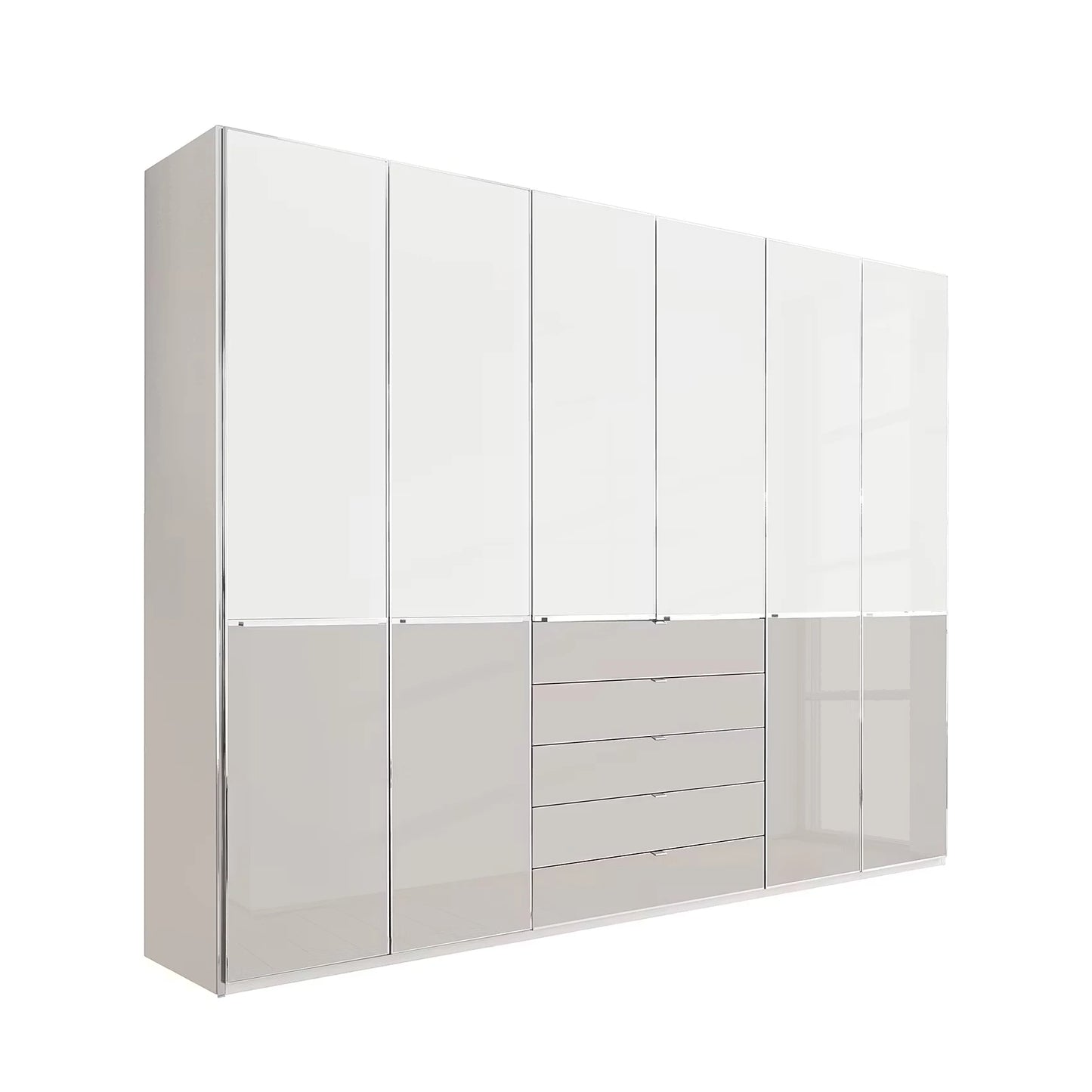 Large Wiemann Santa 300cm 6 Doors & 5 Drawers Wardrobe in White & Pebble Grey Glass finish with Drawers at the bottom Height is 236cm