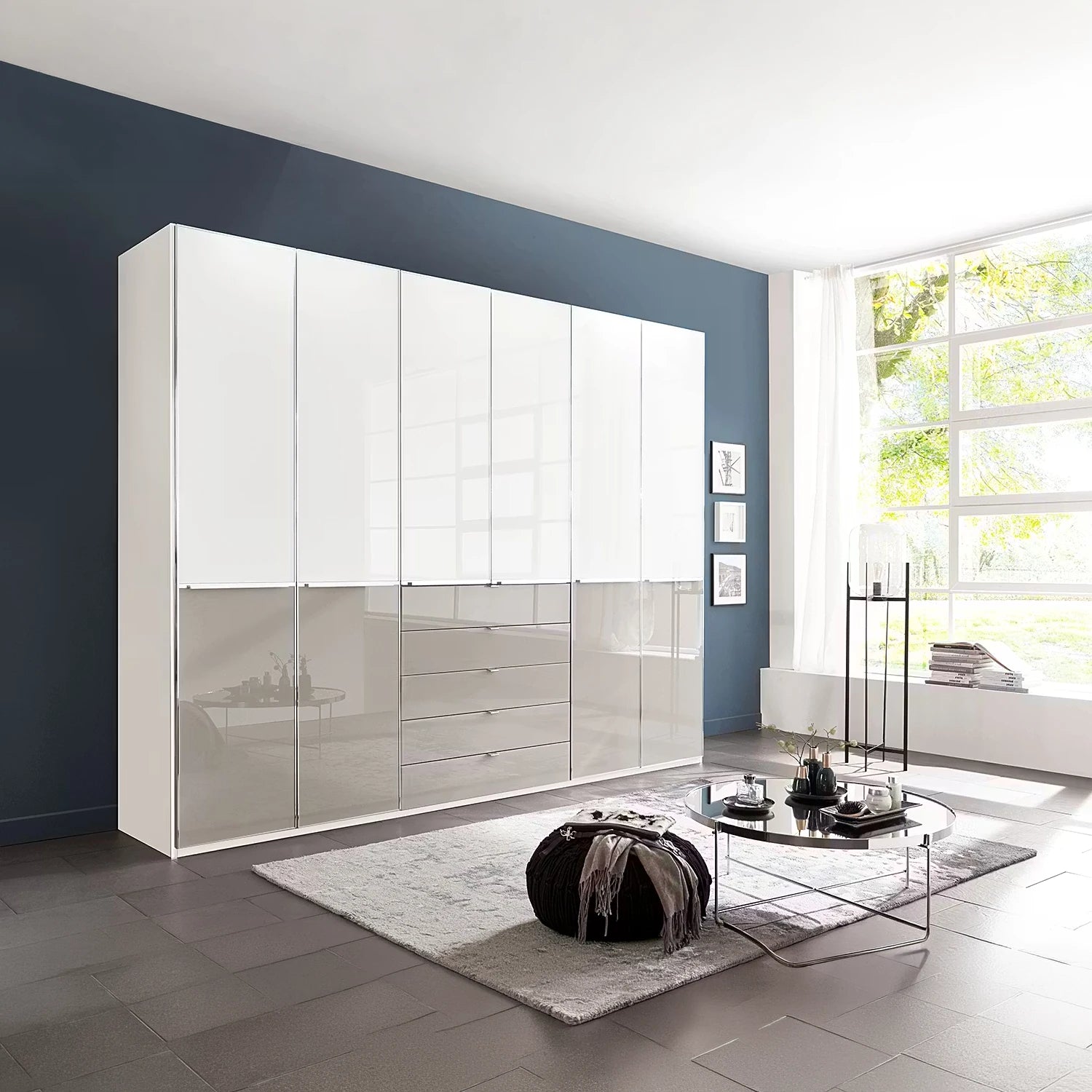 A large modern two colour tone Wiemann Santa 300cm 6 Doors & 4 Drawers Combi Wardrobe in White & Pebble Grey Glass Finish, Height 236cm