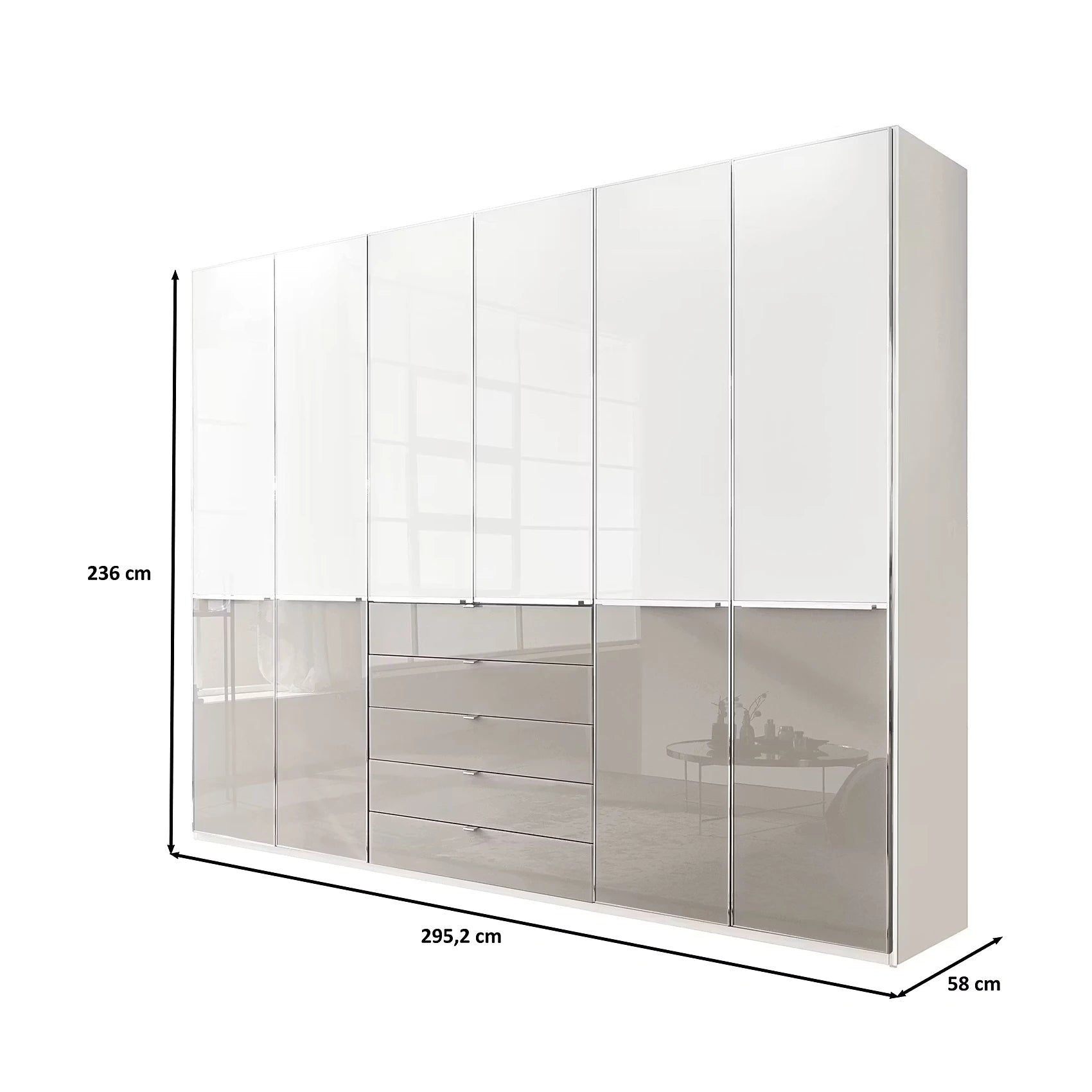 A tall white and frosted glass wardrobe or closet with multiple doors and a central drawer section, shown on a white background with dimension lines indicating 236 cm height, 295.2 cm width, and 58 cm depth.