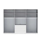 Wiemann Santa 300cm 6 Doors & 5 Drawers Combi Wardrobe in Havana Glass showing behind the doors closet A gray modular closet organiser with open shelves and a central stack of drawers, shown on a plain white background.