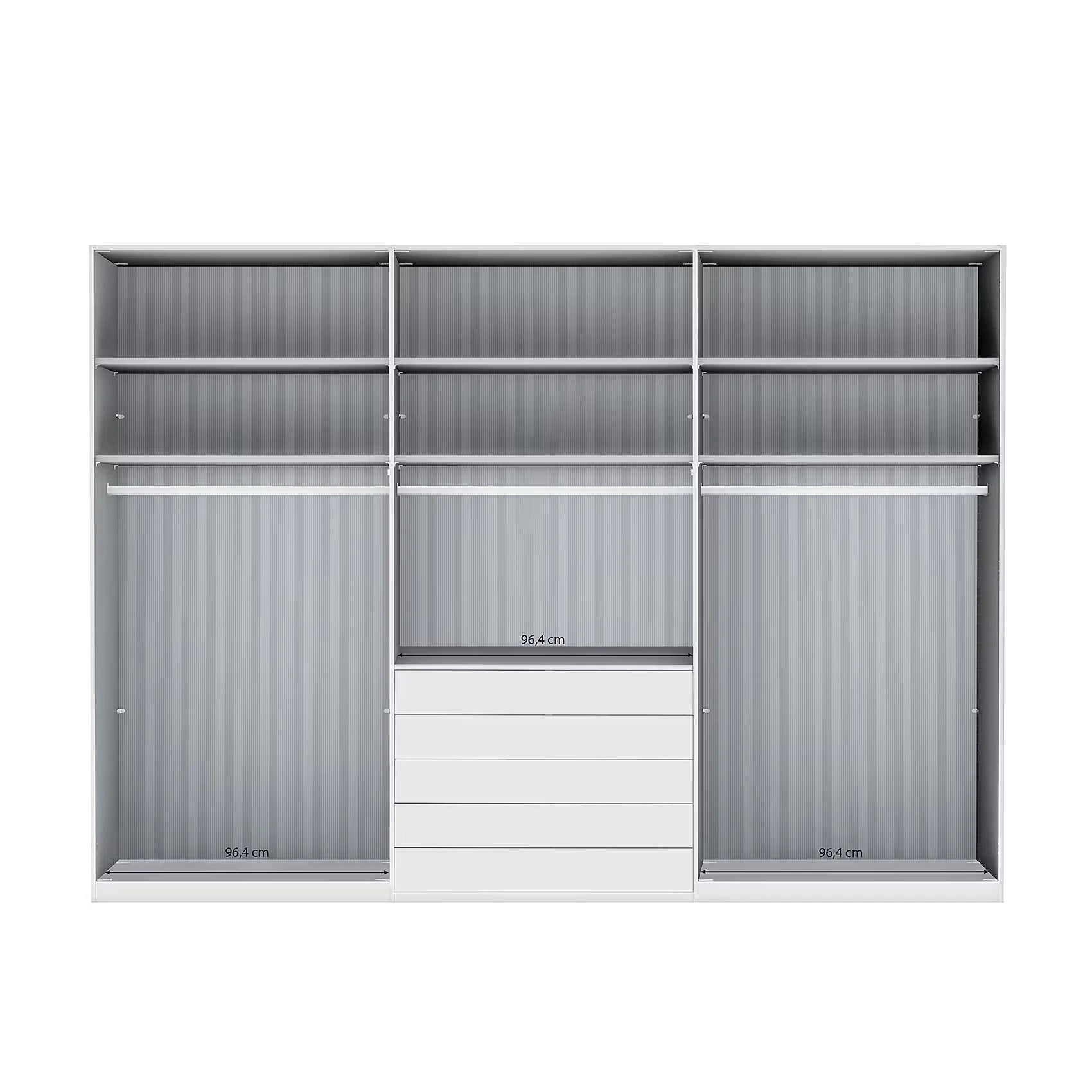 Wiemann Santa 300cm 6 Doors & 5 Drawers Combi Wardrobe in Havana Glass showing behind the doors closet A gray modular closet organiser with open shelves and a central stack of drawers, shown on a plain white background.