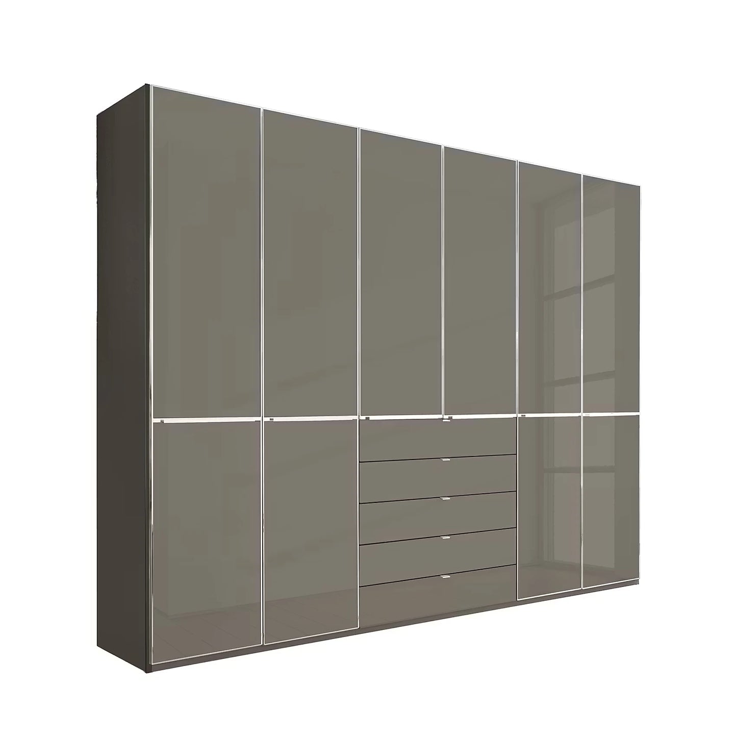Wiemann Santa 300cm 6 Doors Combi Wardrobe with 5 Drawers in the Middle in Glossy  Havana Glass Finish