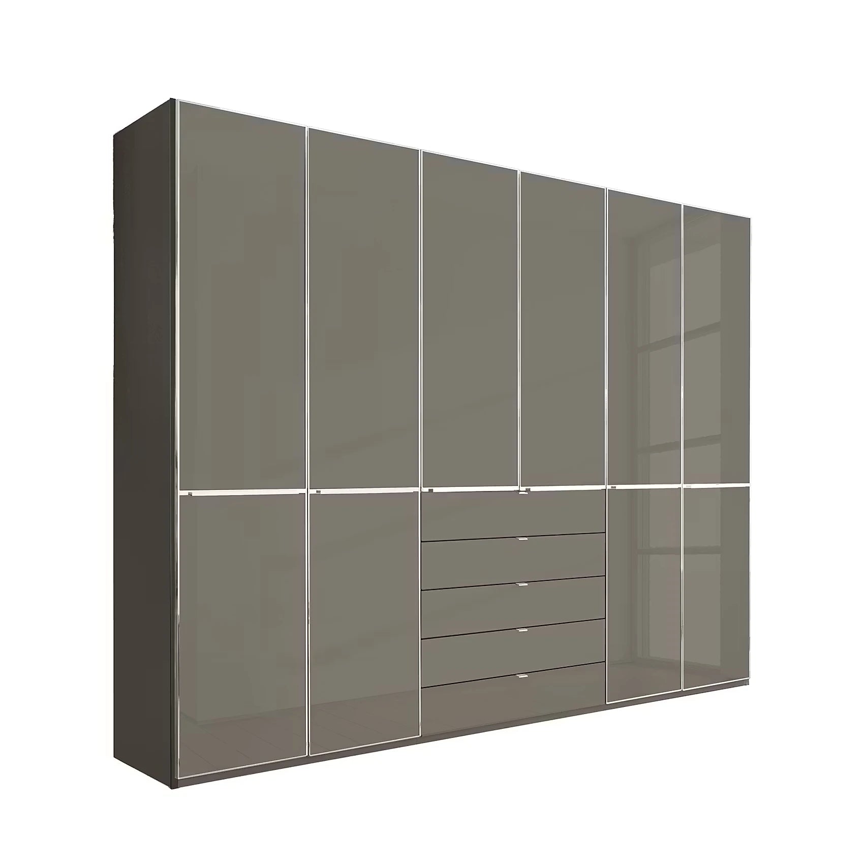 Wiemann Santa 300cm 6 Doors Combi Wardrobe with 5 Drawers in the Middle in Glossy  Havana Glass Finish