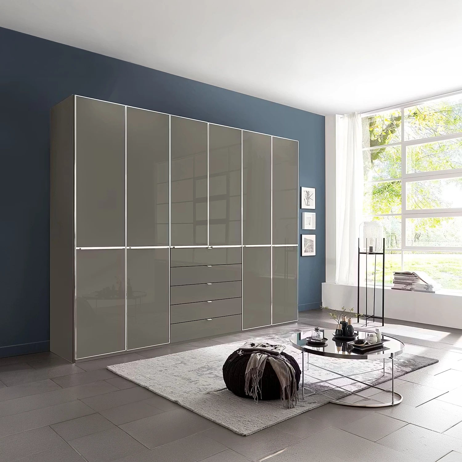 Wiemann Santa 300cm 6 Doors & 5 Drawers Combi Wardrobe in Havana Glass Finish, Height 236cm