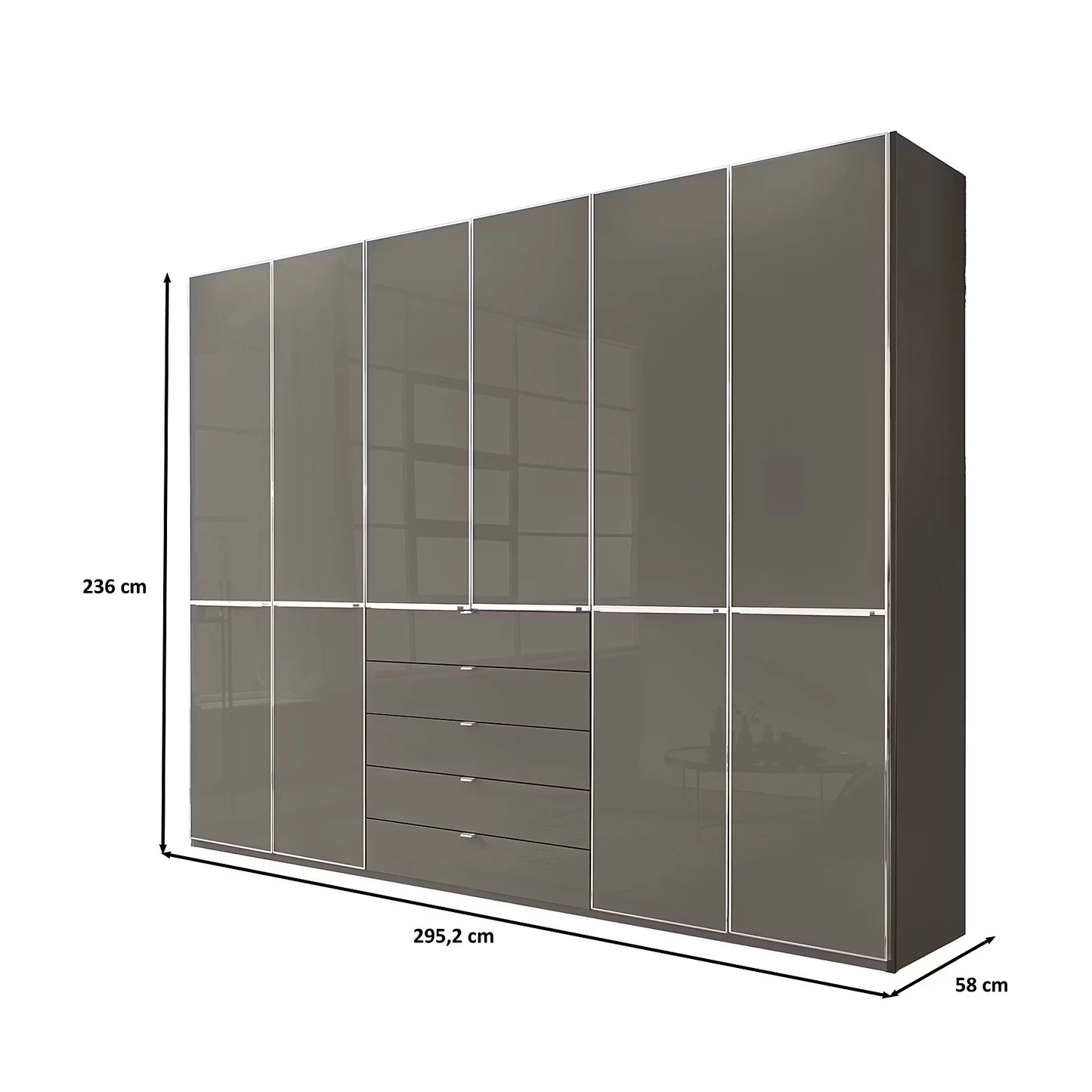 Wiemann Santa 300cm 6 Doors Combi Wardrobe with 5 Drawers in the Middle in Glossy  Havana Glass Finish, shown with dimension lines indicating 236 cm height, 295.2 cm width, and 58 cm depth on a white background.