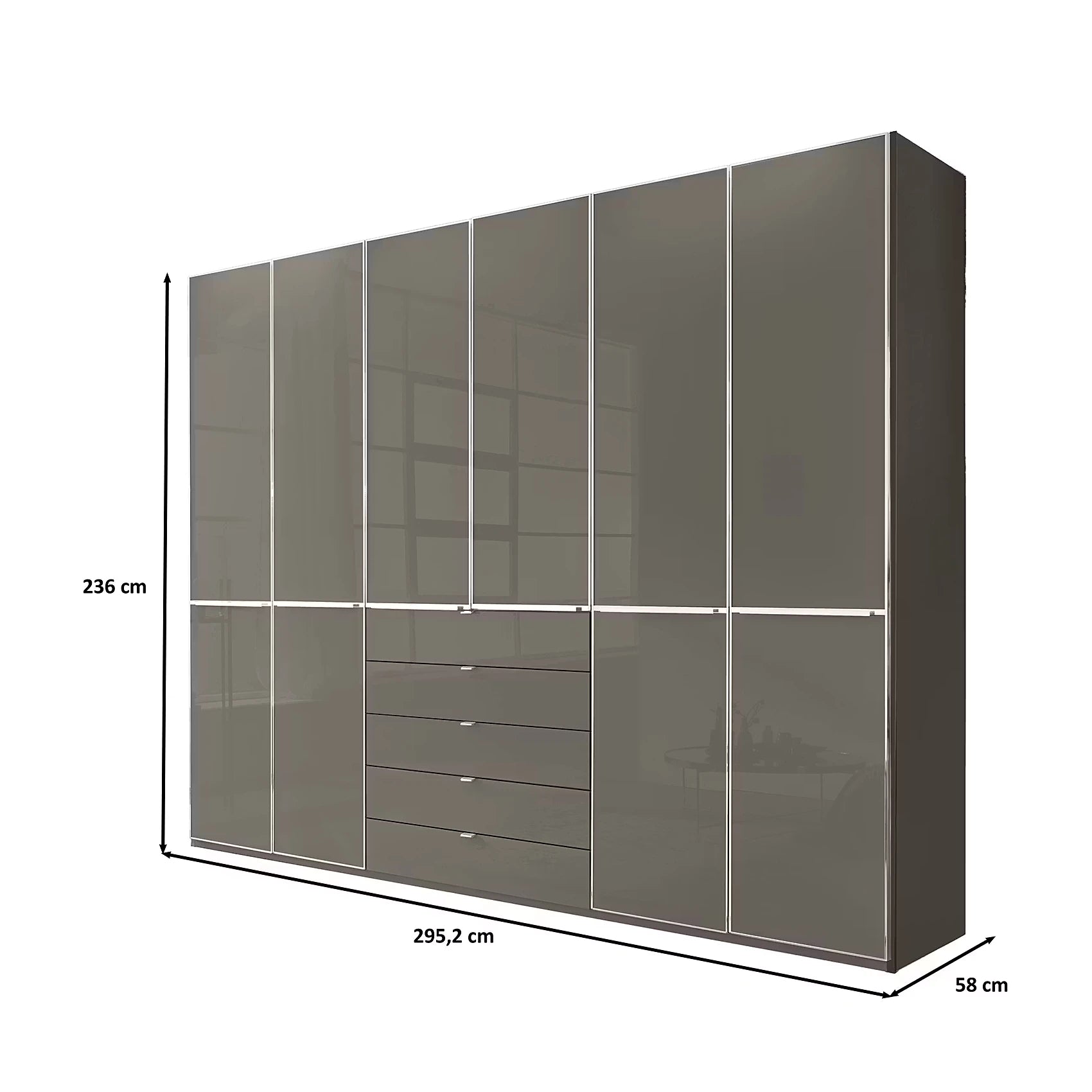 Wiemann Santa 300cm 6 Doors Combi Wardrobe with 5 Drawers in the Middle in Glossy  Havana Glass Finish, shown with dimension lines indicating 236 cm height, 295.2 cm width, and 58 cm depth on a white background.