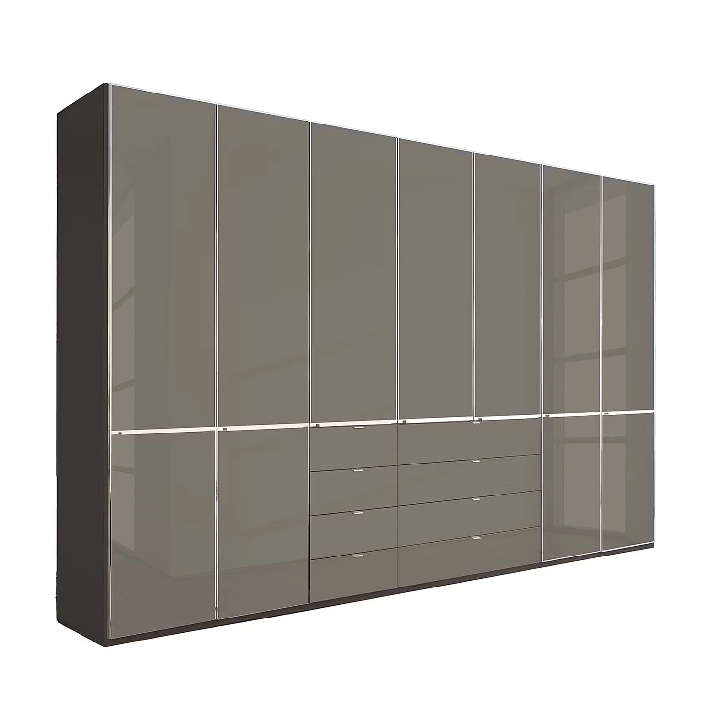 A modern Wiemann Santa 350cm Combi 7 Doors Wardrobe With Drawers in Havana with tall glossy Havana Glass doors and a lower drawer section, shown on a plain white background.