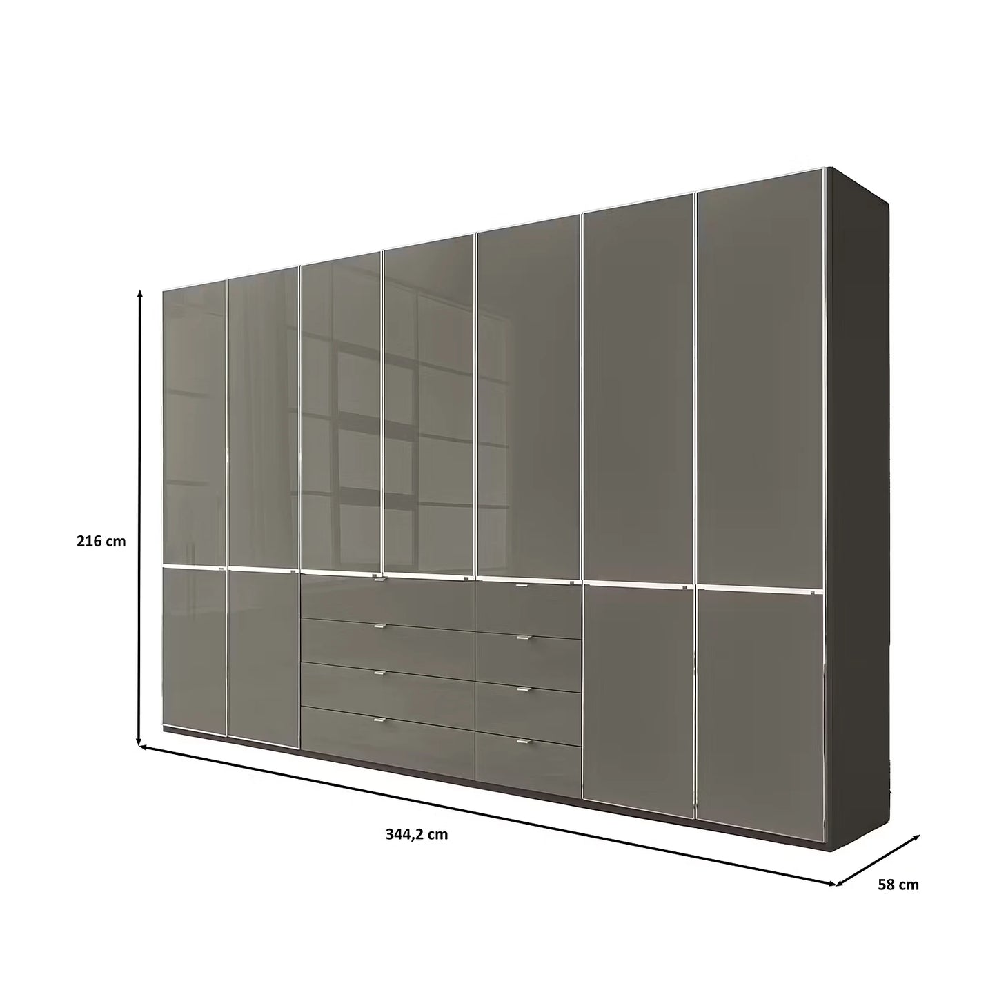 Wiemann Santa 350cm Combi 7 Doors Wardrobe With Drawers in Havana shown on a white background with dimension lines and labels indicating height 226 cm, width 344.2 cm, and depth 58 cm.