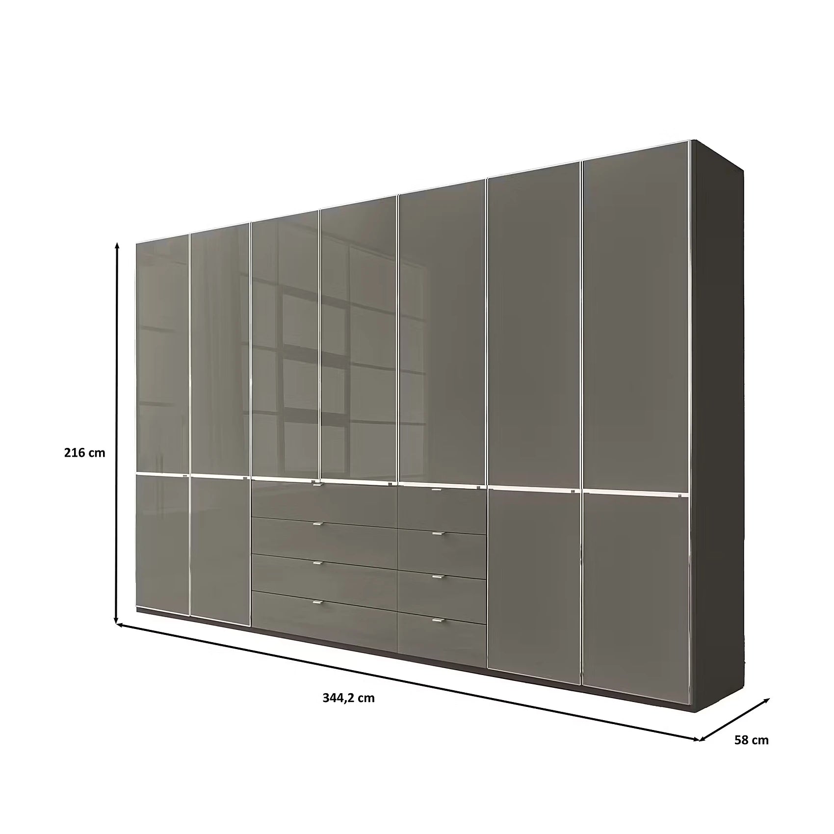 Wiemann Santa 350cm Combi 7 Doors Wardrobe With Drawers in Havana shown on a white background with dimension lines and labels indicating height 226 cm, width 344.2 cm, and depth 58 cm.