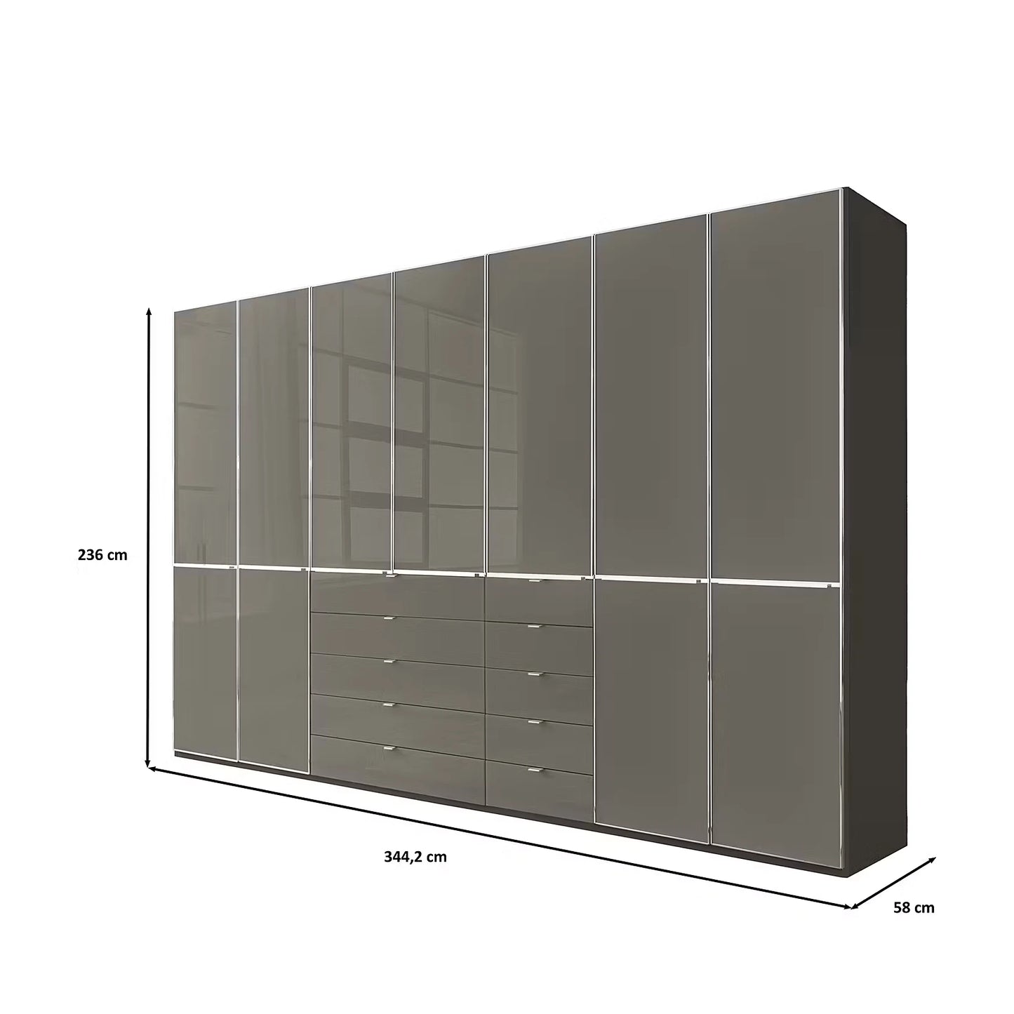 Wiemann Santa 350cm Combi 7 Doors Wardrobe With Drawers in Havana Glass shown on a white background with dimension lines and labels indicating height 236 cm, width 344,2 cm, and depth 58 cm.