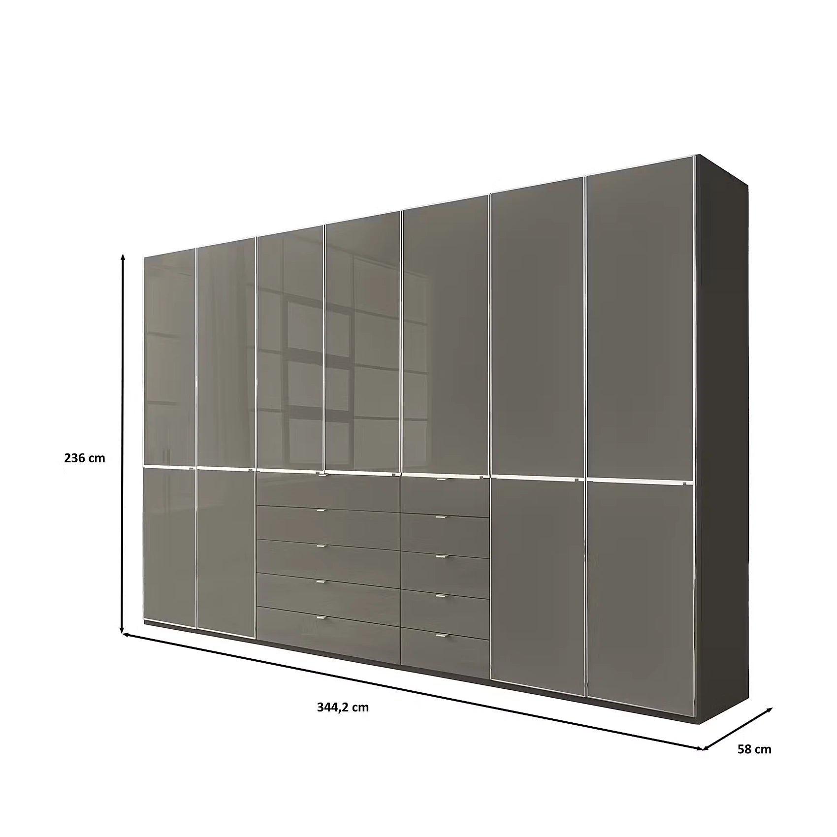 Wiemann Santa 350cm Combi 7 Doors Wardrobe With Drawers in Havana Glass shown on a white background with dimension lines and labels indicating height 236 cm, width 344,2 cm, and depth 58 cm.