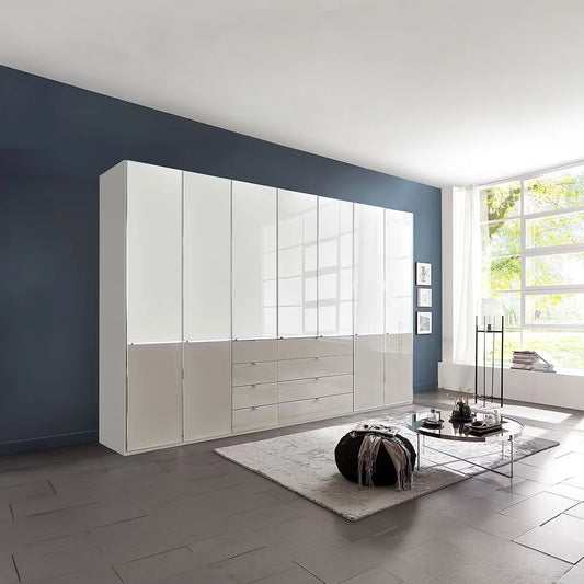 A large modern Wiemann Santa 350cm 7 Doors Drawers Combi Wardrobe in White & Pebble Grey